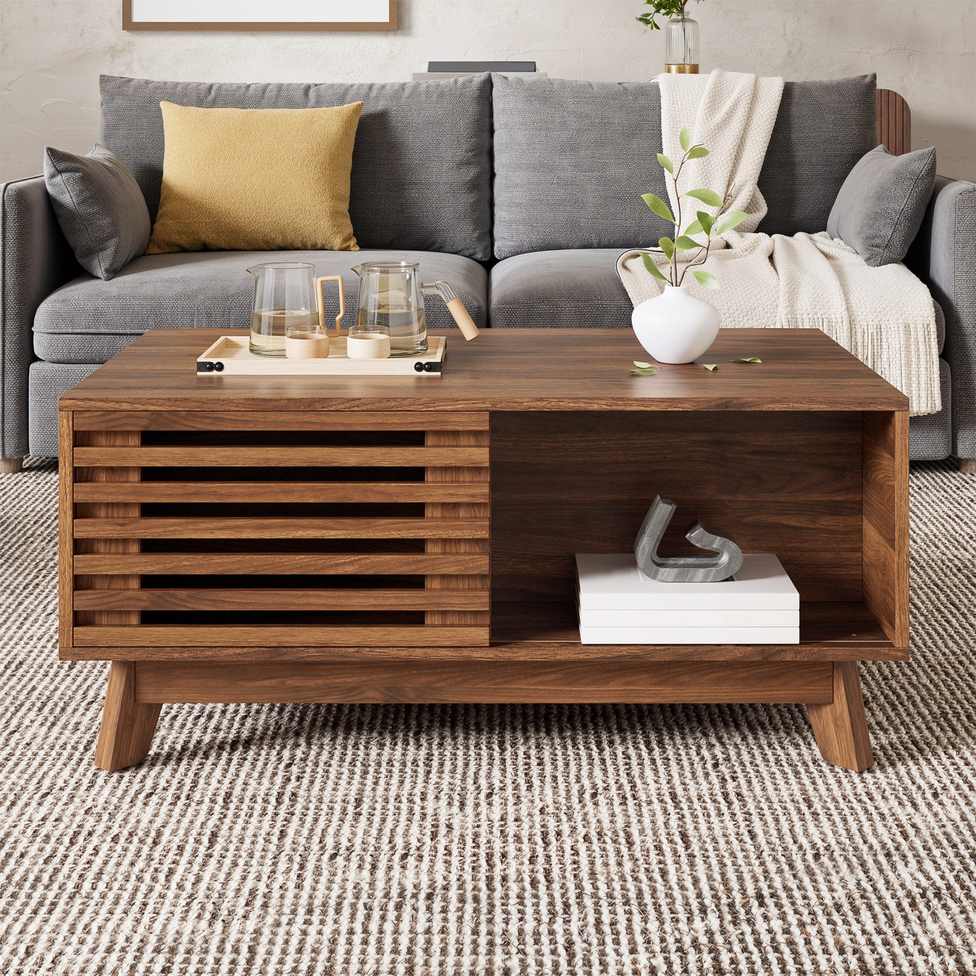 Merax Couchtisch höhenverstellbar Sofatisch Retro Beistelltisch (1-St), Wohnzimmertisch mit Jalousietür & Stauraum, 90x55x57,5cm – Bild 3 von 5