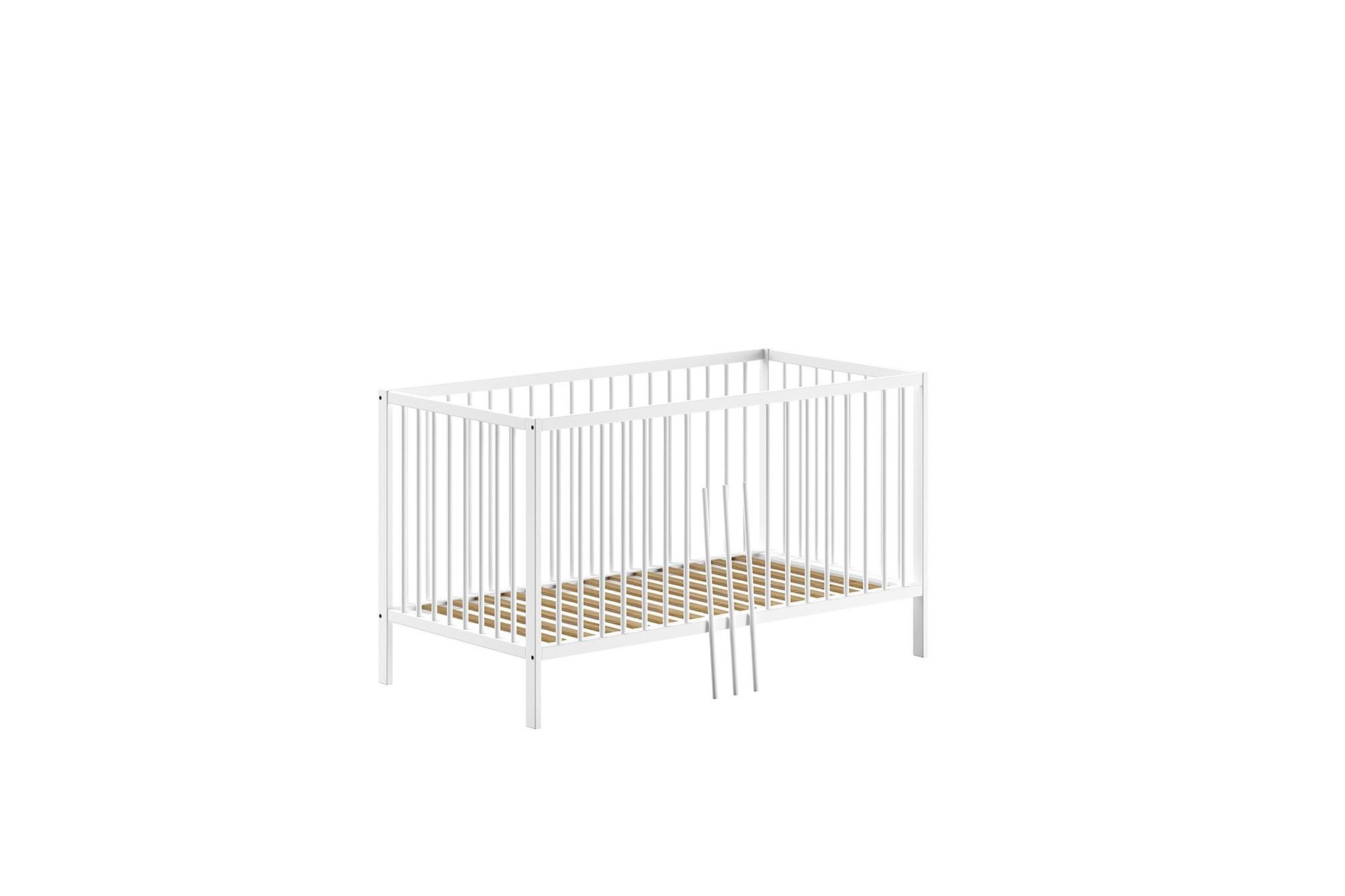 58 aufm Kessel Bettgestell Babybett Kara-lynn 144x76x84 Gitterbett Wiege Massivholz Buche Weiß (inkl. Versand, Lieferung bis Verwendungsstelle), Liegefläche 70 x 140, höhenverstellbarer Lattenrost, mit Umbauseite
