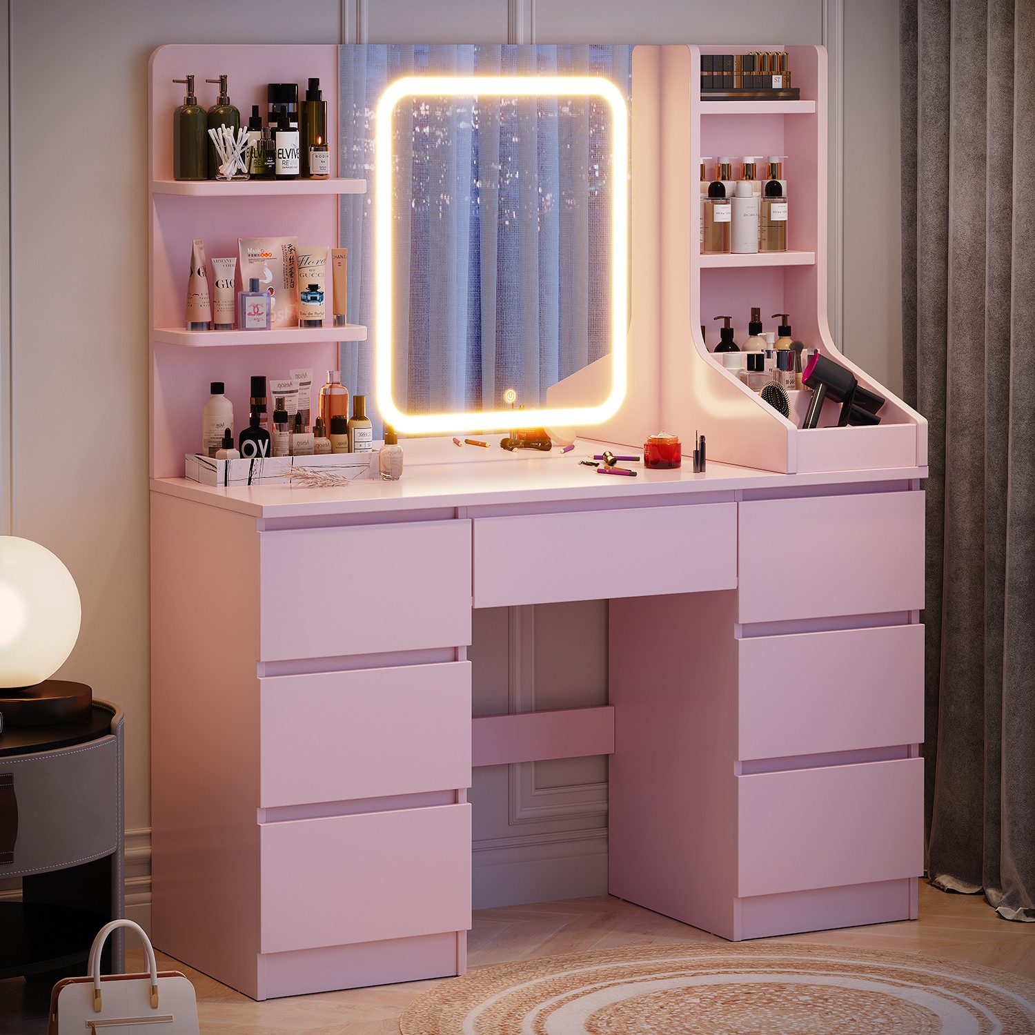 HOMALL Schminktisch Schminktisch mit Spiegel und LED Mit 7 Schubladen und 8 Ablagefächern (Größe: 110*40*139 cm Einstellbare drei Farbtemperaturen, um Ihr perfektes Make-up zu präsentieren)