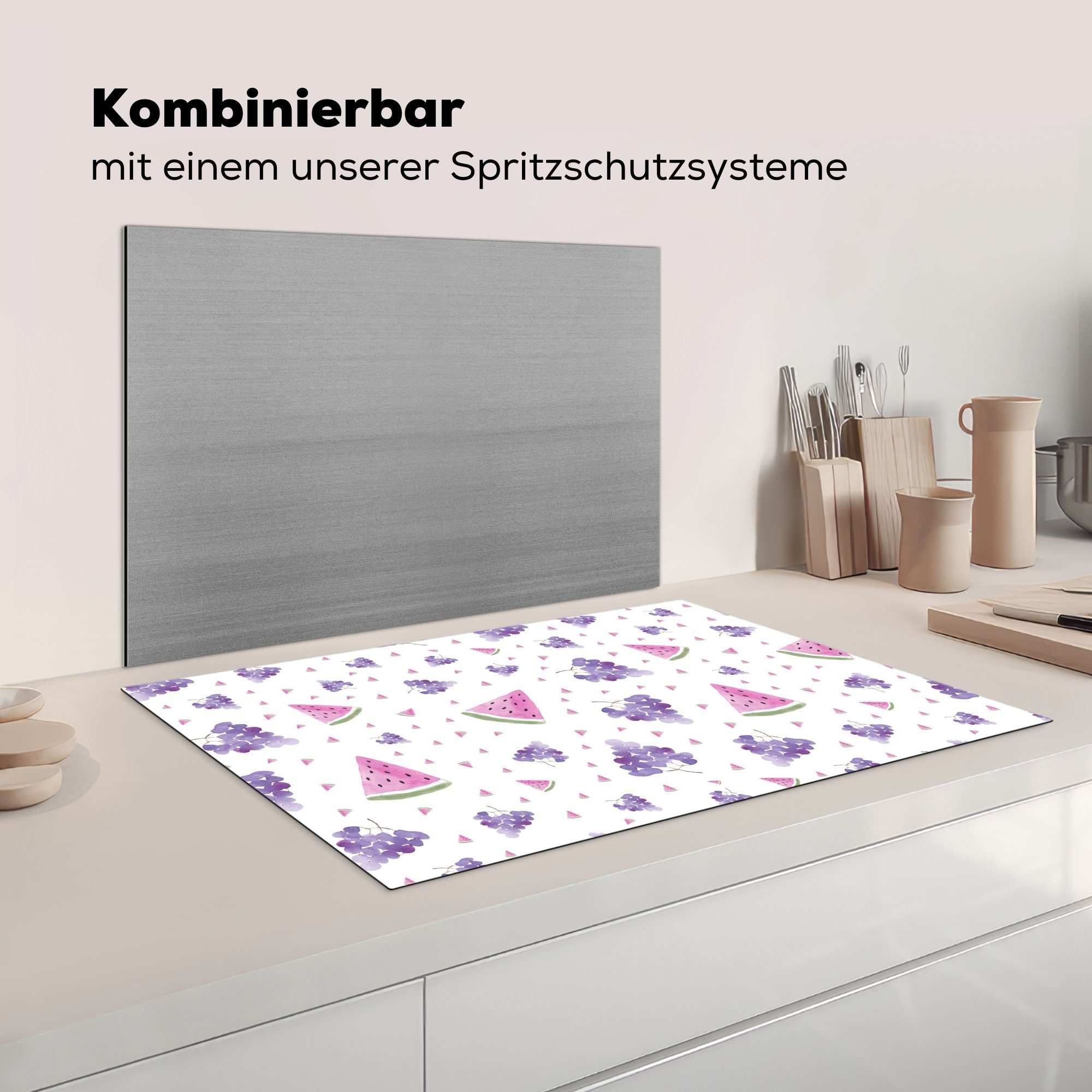 - für Wassermelone küche, Weintrauben tlg), Vinyl, 81x52 Schutz (1 - Pastell, Herdblende-/Abdeckplatte MuchoWow cm, die Induktionskochfeld Ceranfeldabdeckung