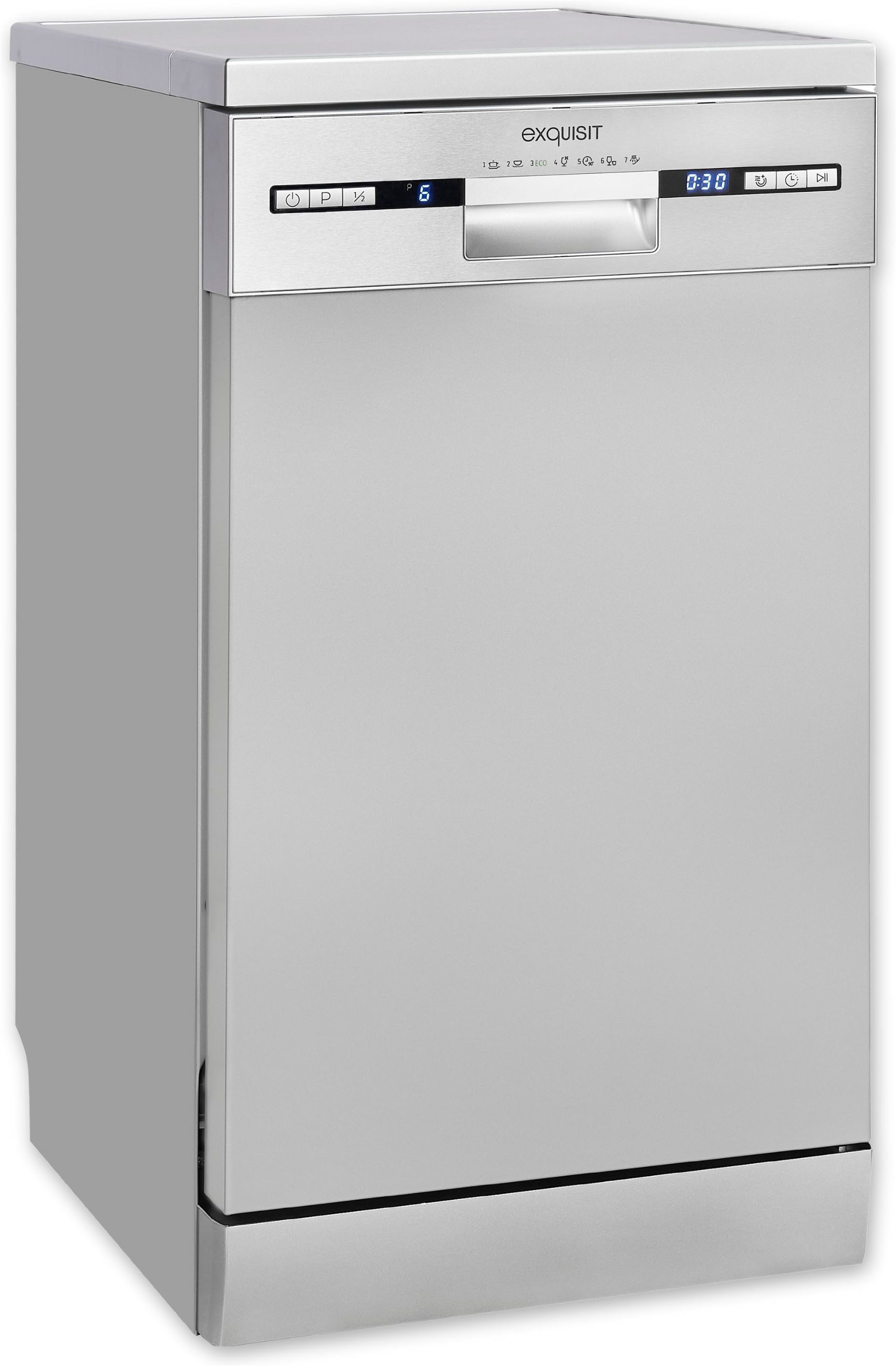 exquisit Standgeschirrspüler GSP9310-031C silber, 8,3 l, 10 Maßgedecke, 10 Maßgedecke, 7 Programme, LED, Besteckkorb, Auto Door Open, AquaStop