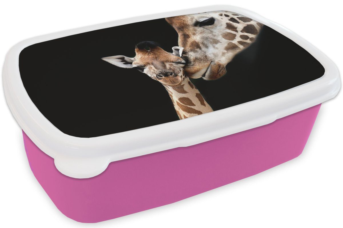 Brotbox Porträt Kunststoff, Kinder, Tiere, - für Mädchen, rosa Brotdose Snackbox, Tiere Schwarz - - MuchoWow Giraffe (2-tlg), Kunststoff Lunchbox - Erwachsene,