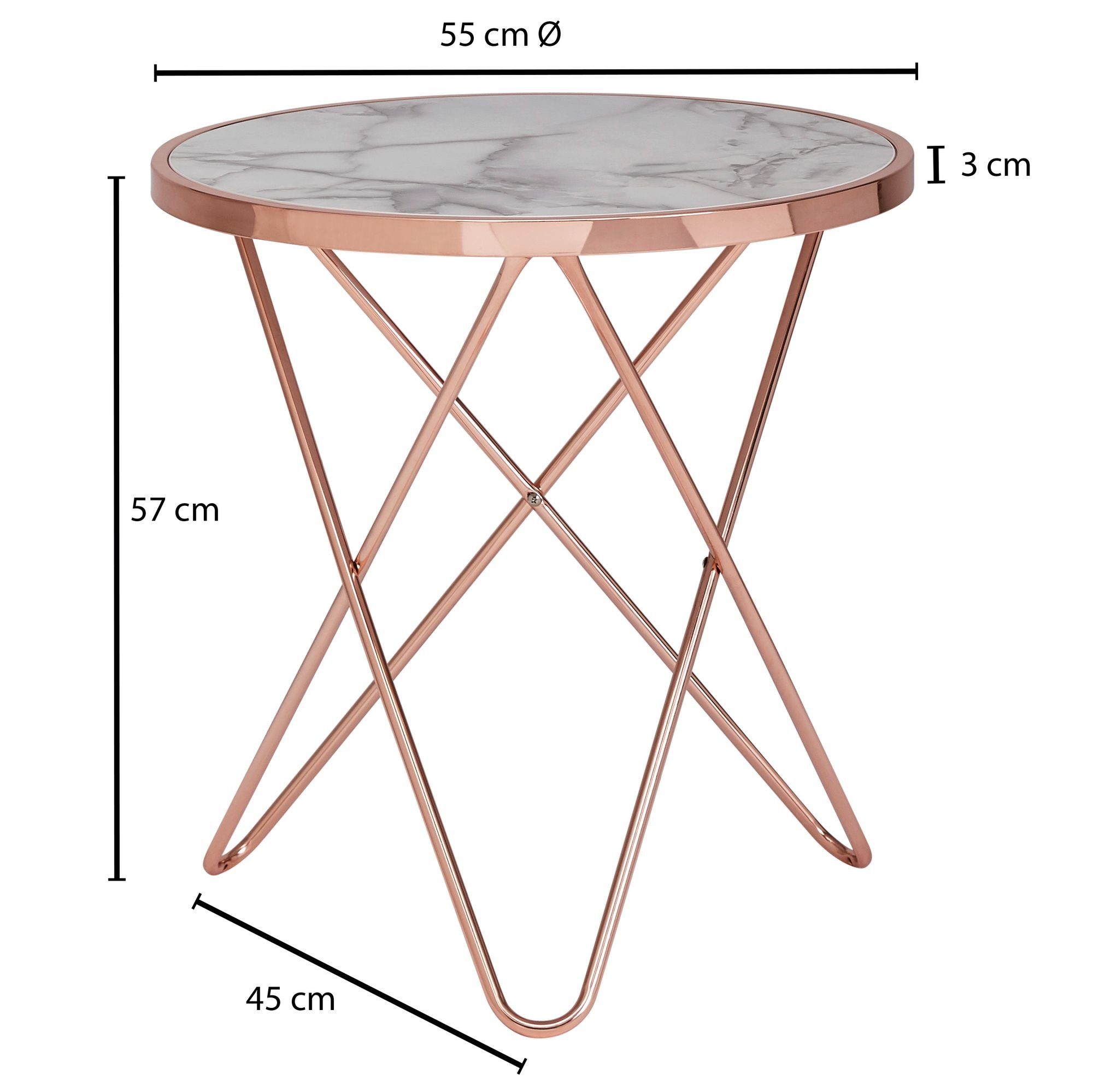 Kupfer Kleiner Weiß Optik Wohnzimmertisch, Beistelltisch cm Metallgestell), FINEBUY Couchtisch Modern (Marmor FB53043 Rund Ø55