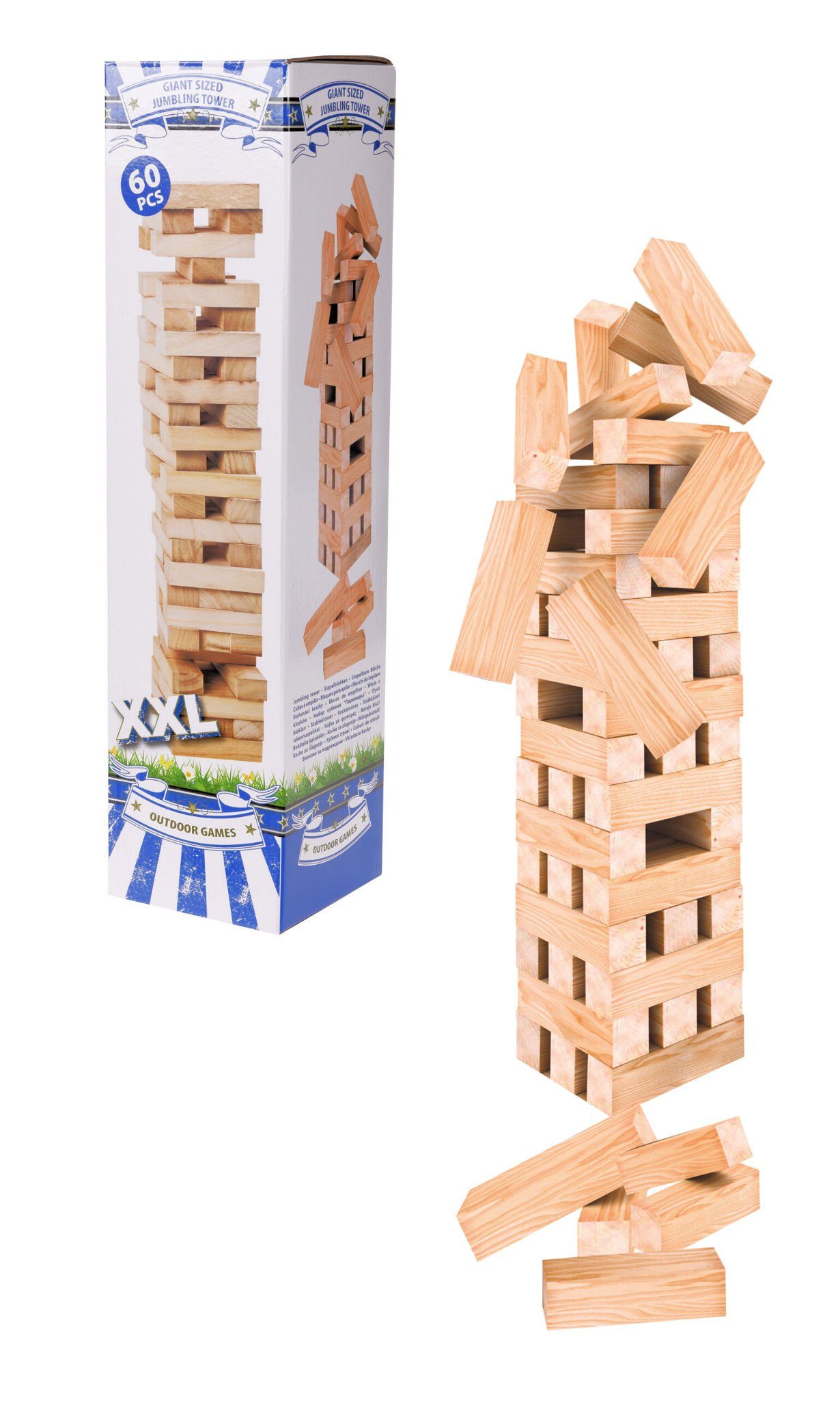 Spetebo Spiel Wackelturm XXL aus Holz - 60 Teile - 50 cm, Wackelturm, Geschicklichkeitsspiel für 2 bis 4 Personen