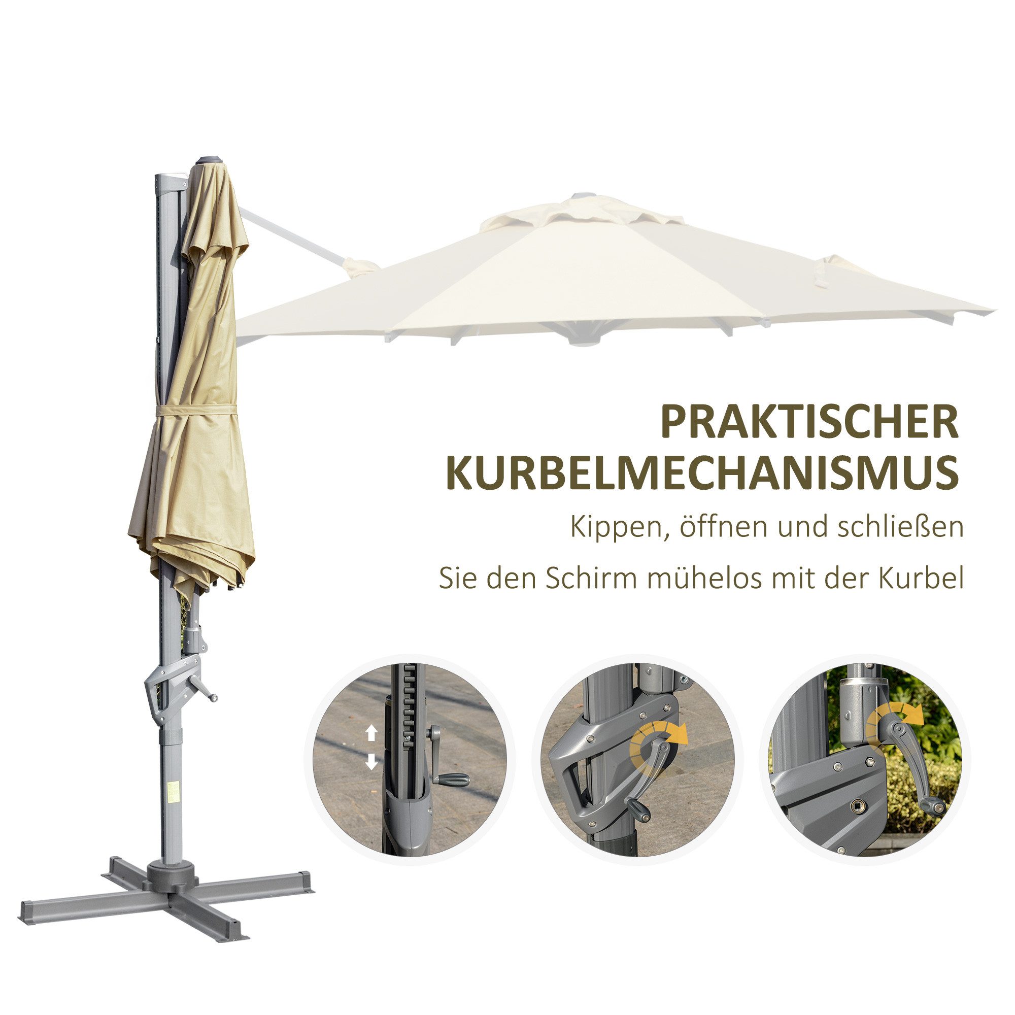 Outsunny Ampelschirm Kurbelschirm Ampelschirm mit Kurbelvorrichtung, LxB: 298x298 cm, Gartenschirm, Sonnenschirm, Neigungswinkel verstellbar Khaki