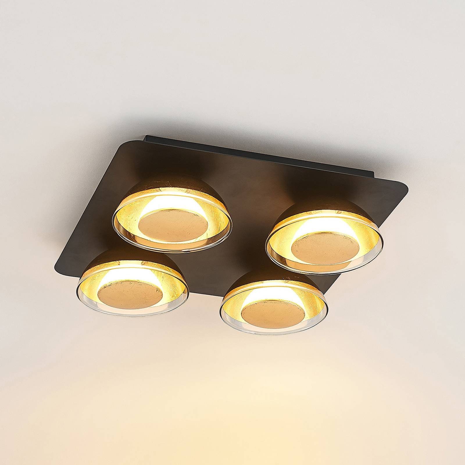 Lindby blattgold, 4 Erin, Leuchtmittel LED Schwarz Glas, Deckenleuchte warmweiß, inkl. Eisen, matt, flammig, Leuchtmittel inklusive,