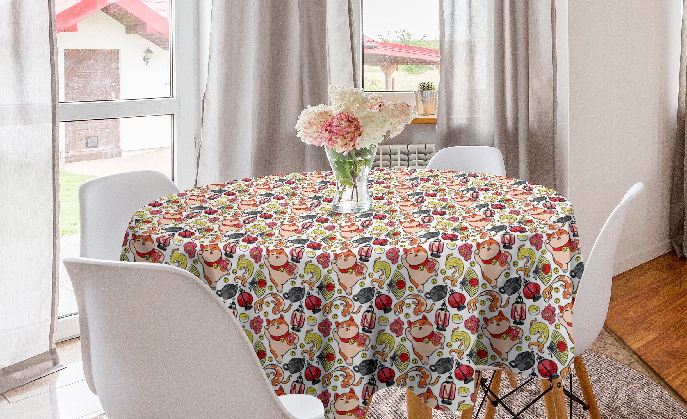 Abakuhaus Tischdecke Kreis Tischdecke Abdeckung für Esszimmer Küche Dekoration, japanische Katze fortune-Element