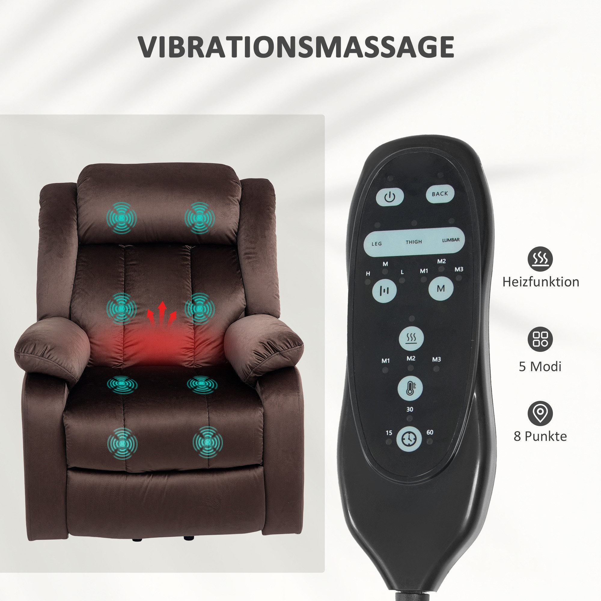 HOMCOM Massagesessel Fernsehsessel mit Aufstehhilfe und Liegefunktion, Vibrationsmassage (TV-Sessel, 1-St., Relaxsessel), mit Taschenfederkern, Seitentasche und – Bild 5 von 5