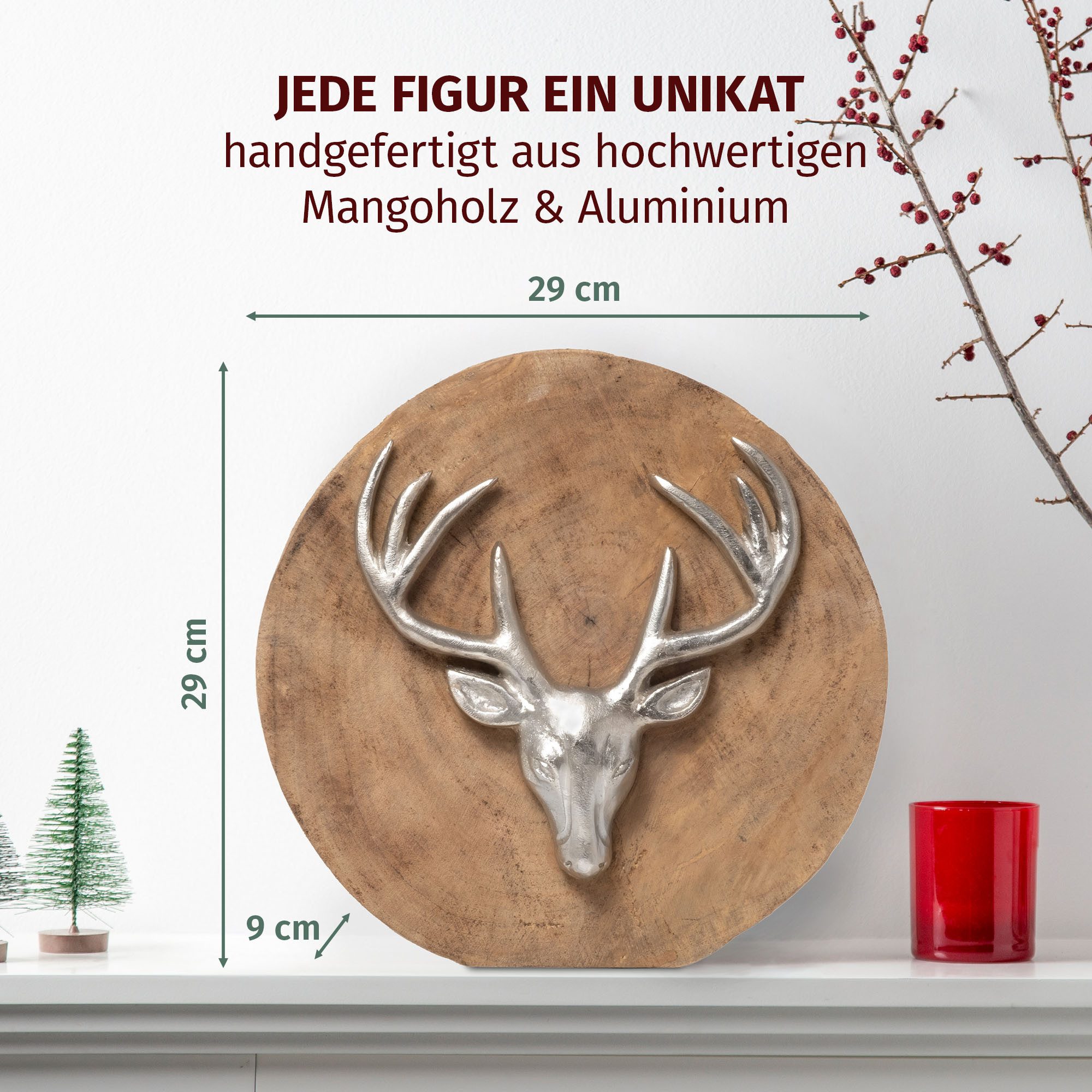 Moritz Skulptur Weihnachtsdeko Hirschkopf 29 cm aus Mangoholz und Aluminium, Holz, Tischdeko, Fensterdeko, Wanddeko, Holzdeko, Weihnachtsdeko