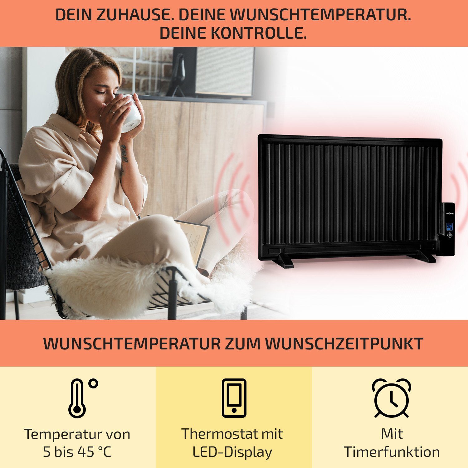 Ölradiator Schwarz Thermostat W, Radiator energiesparend Heizstrahler Wallander, Heizkörper ONECONCEPT 800 elektrisch