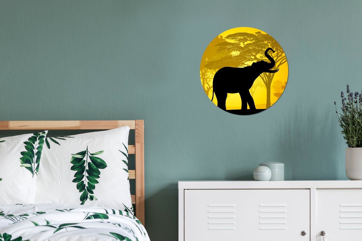 aufgerichtetem MuchoWow Wandsticker Rund, mit Tapetenaufkleber, Wohnzimmer St), Rüssel (1 für Eine Tapetenkreis Elefanten Illustration eines Kinderzimmer,