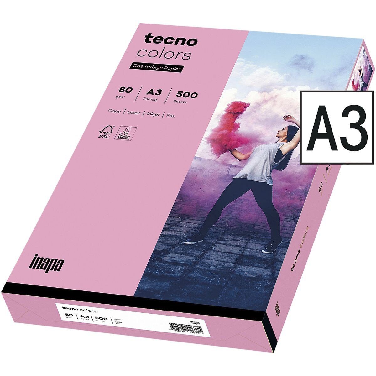 Inapa tecno Drucker- und Kopierpapier Rainbow / tecno Colors, Pastellfarben, Format DIN A3, 80 g/m², 500 Blatt rosa