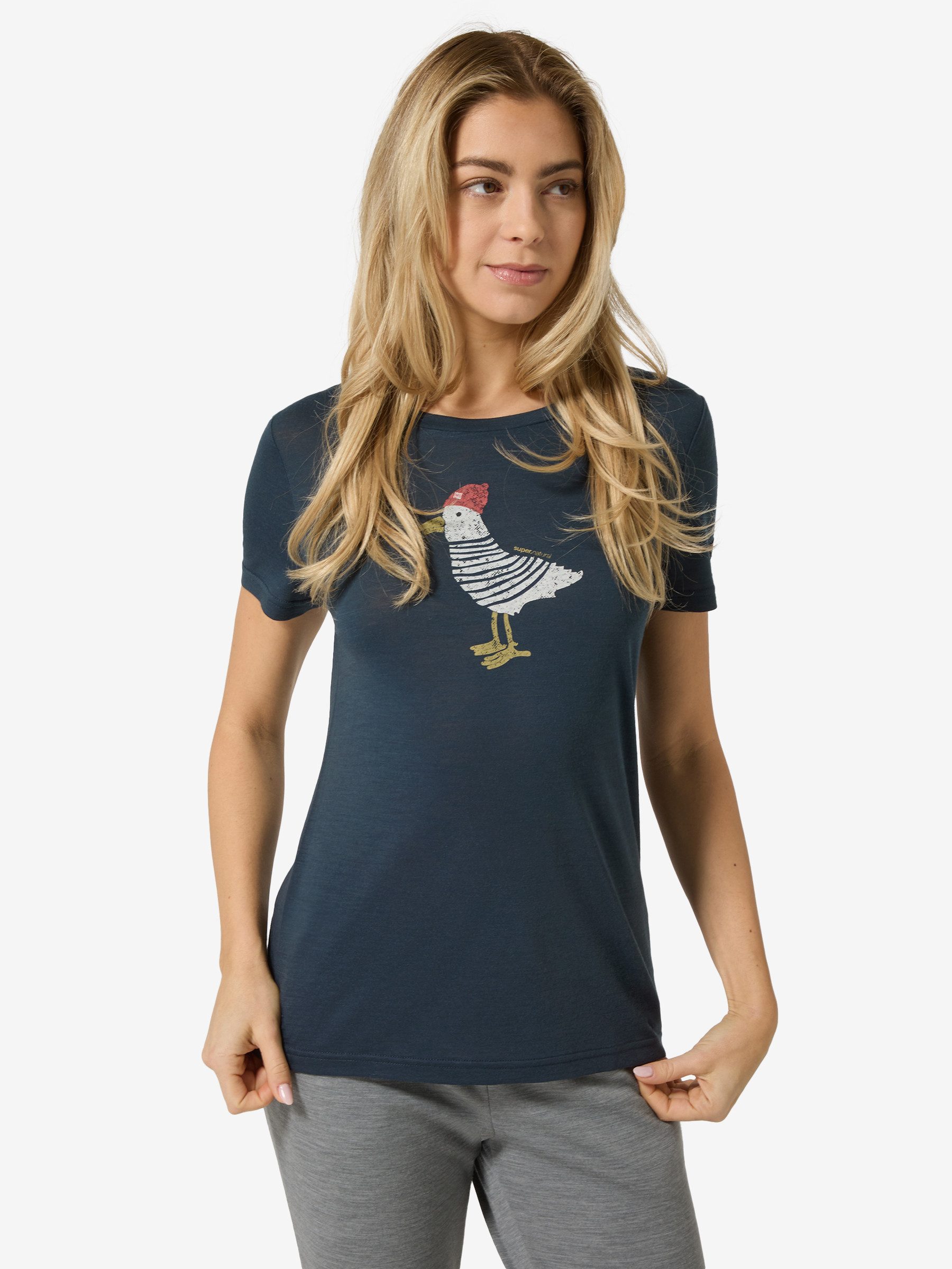 SUPER.NATURAL Print-Shirt für Damen, Merino JOHNNY TEE happy Vogel Motiv