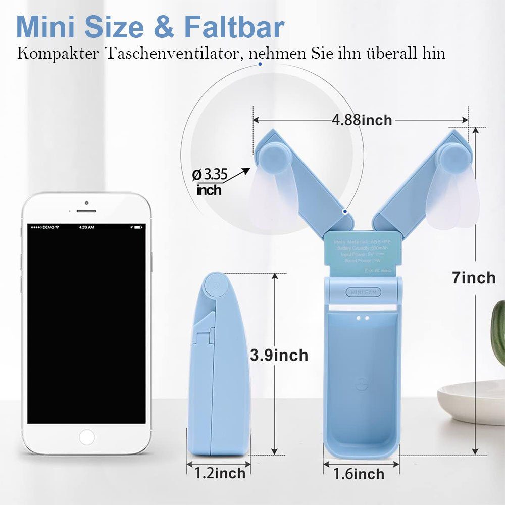 Blau USB-Ventilator mit Tragbarer Mini-Taschenventilator, MOUTEN wiederaufladbarer Heizkörperventilator