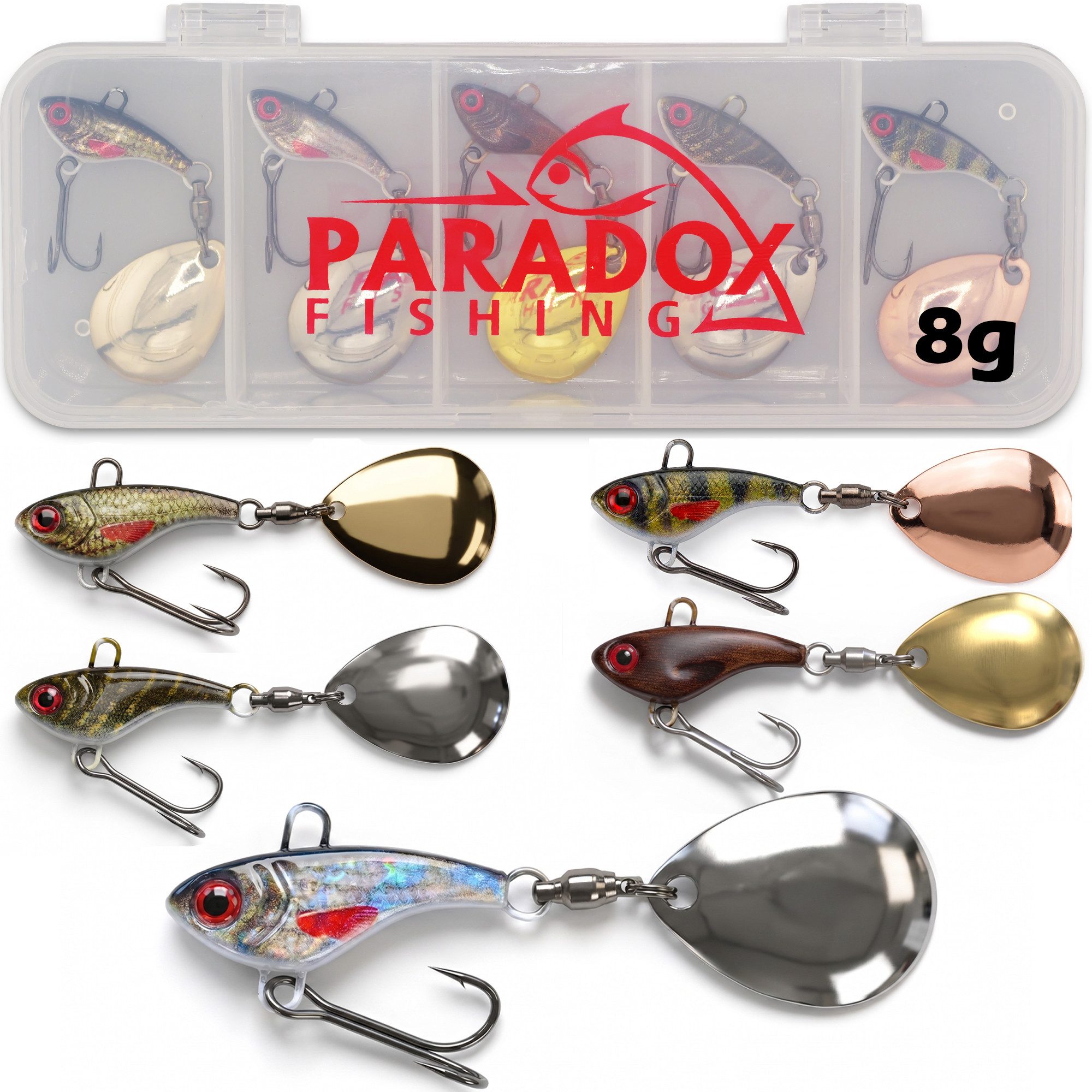 Paradox Fishing Kunstköder Delusory Jig Spinner Set 8g/12g/18g, (Naturdekore, 5 Jigspinner), inkl. Box