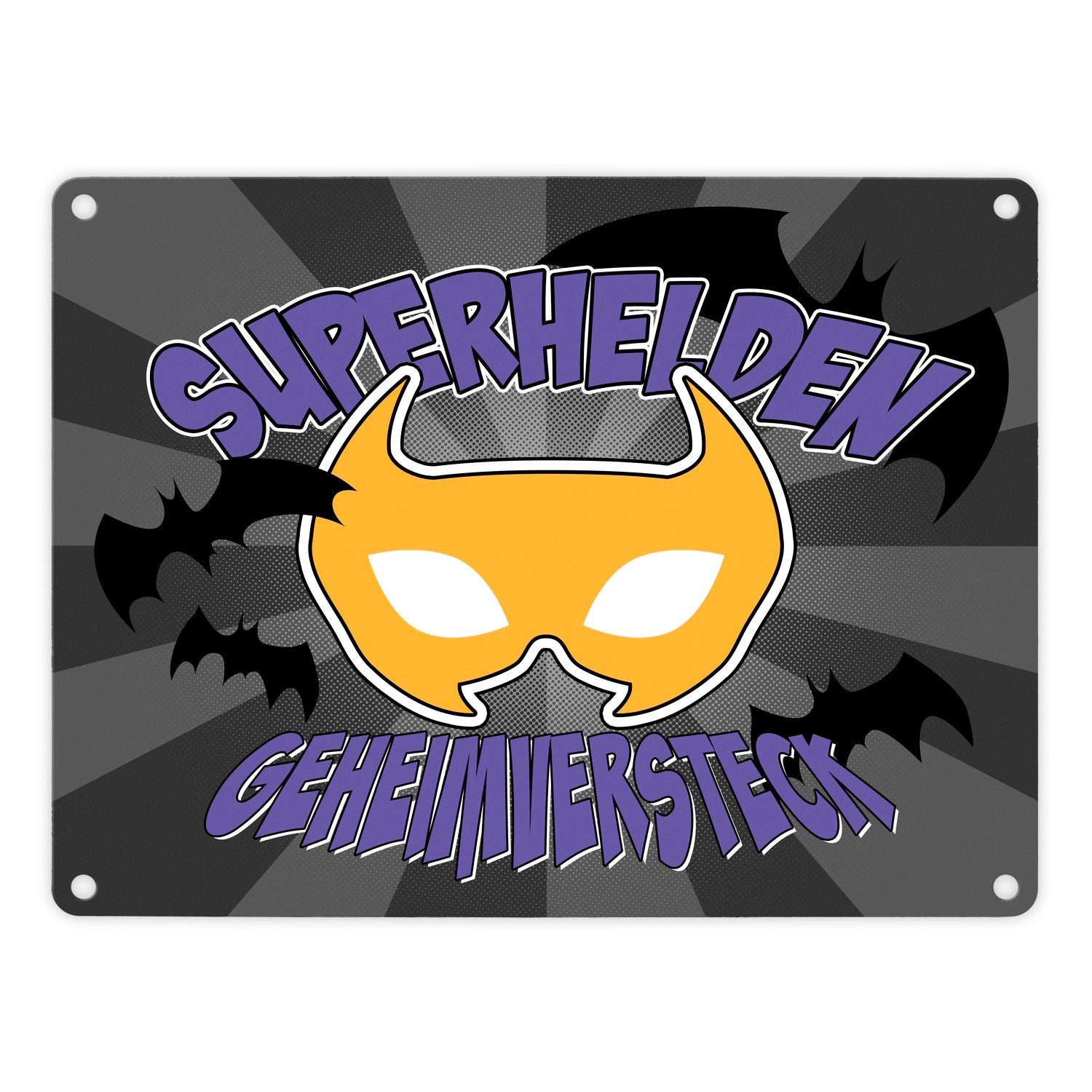 Metallschild Superhelden Geheimversteck Metallschild in 15x20 cm im Comicdesign &