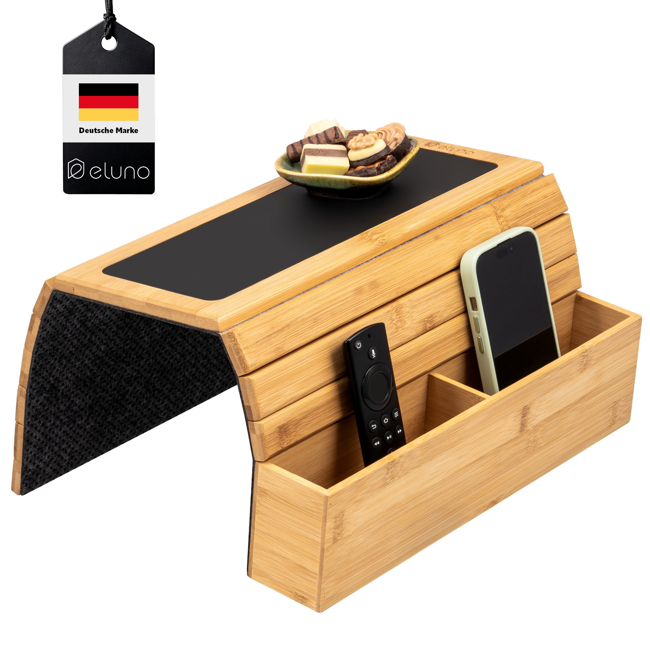 eluno Tabletttisch aus Bambus mit seitlichen Fächern