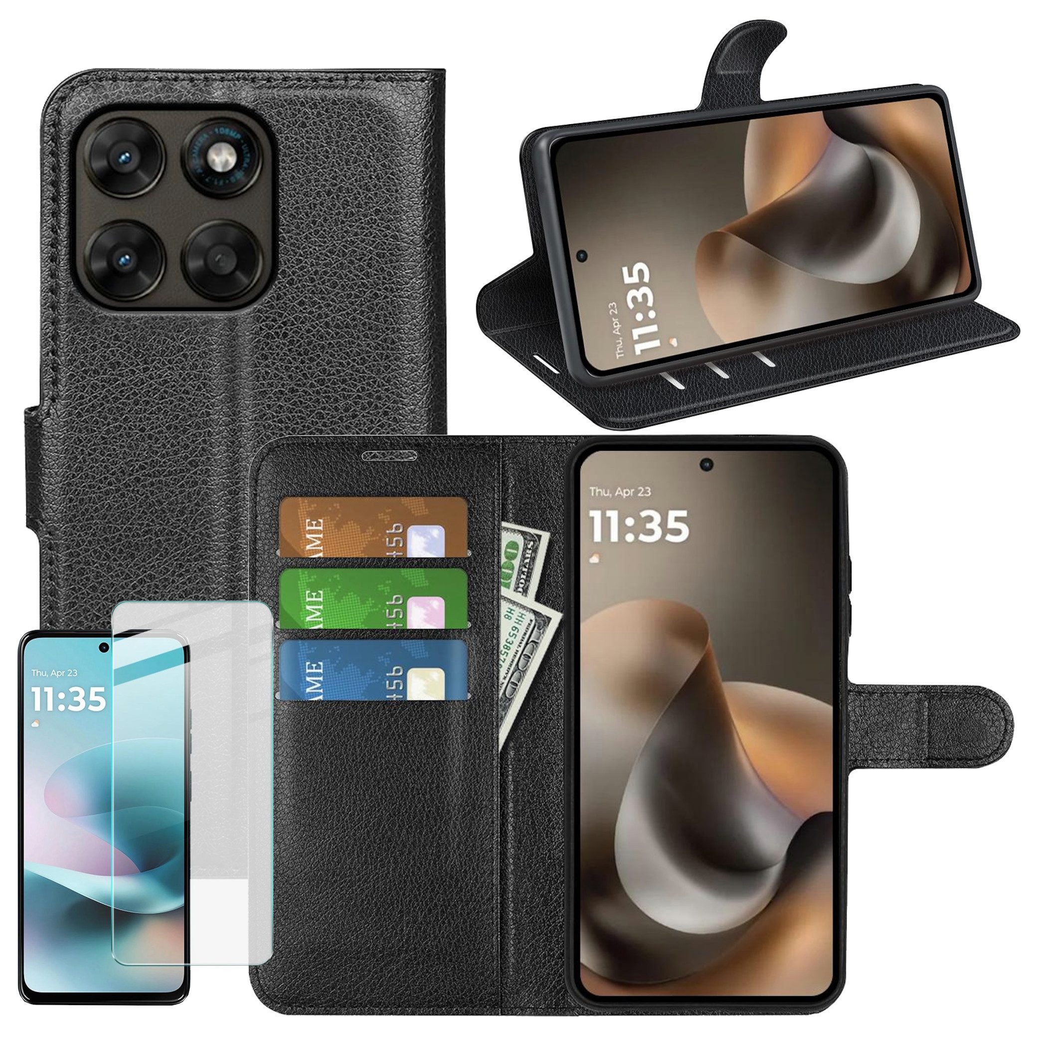 Wigento Handyhülle Klapphülle + Schutzglas für Motorola Moto G67 / Moto G77 Wallet Cover 6,72 Zoll, Produktset Kunstleder Tasche + H9 Hart Glas