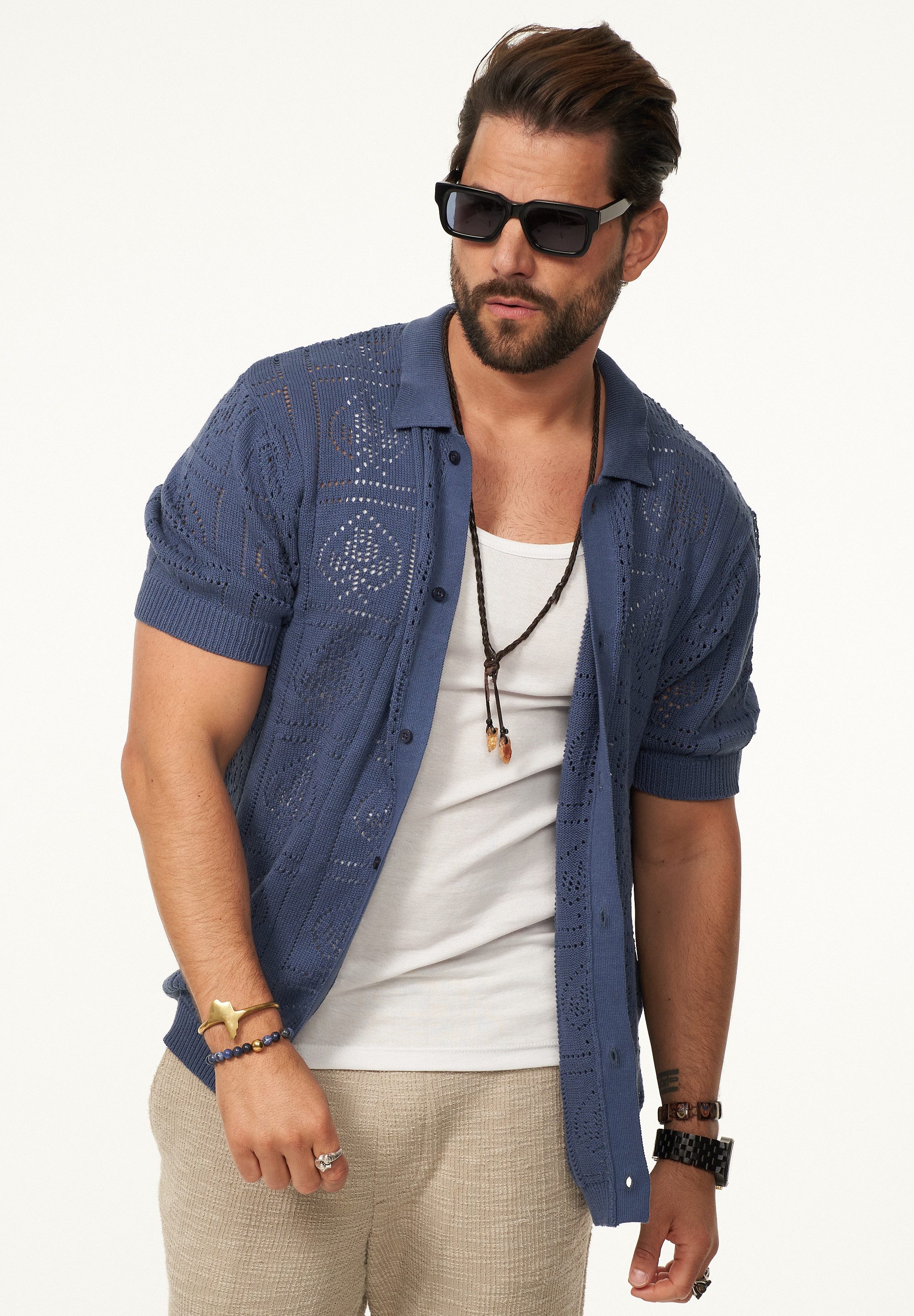 SOULSTAR Poloshirt im Crochet Vintage Summer-Look Herren Kurzarm Strick Polo-Hemd Cardigan T-Shirt