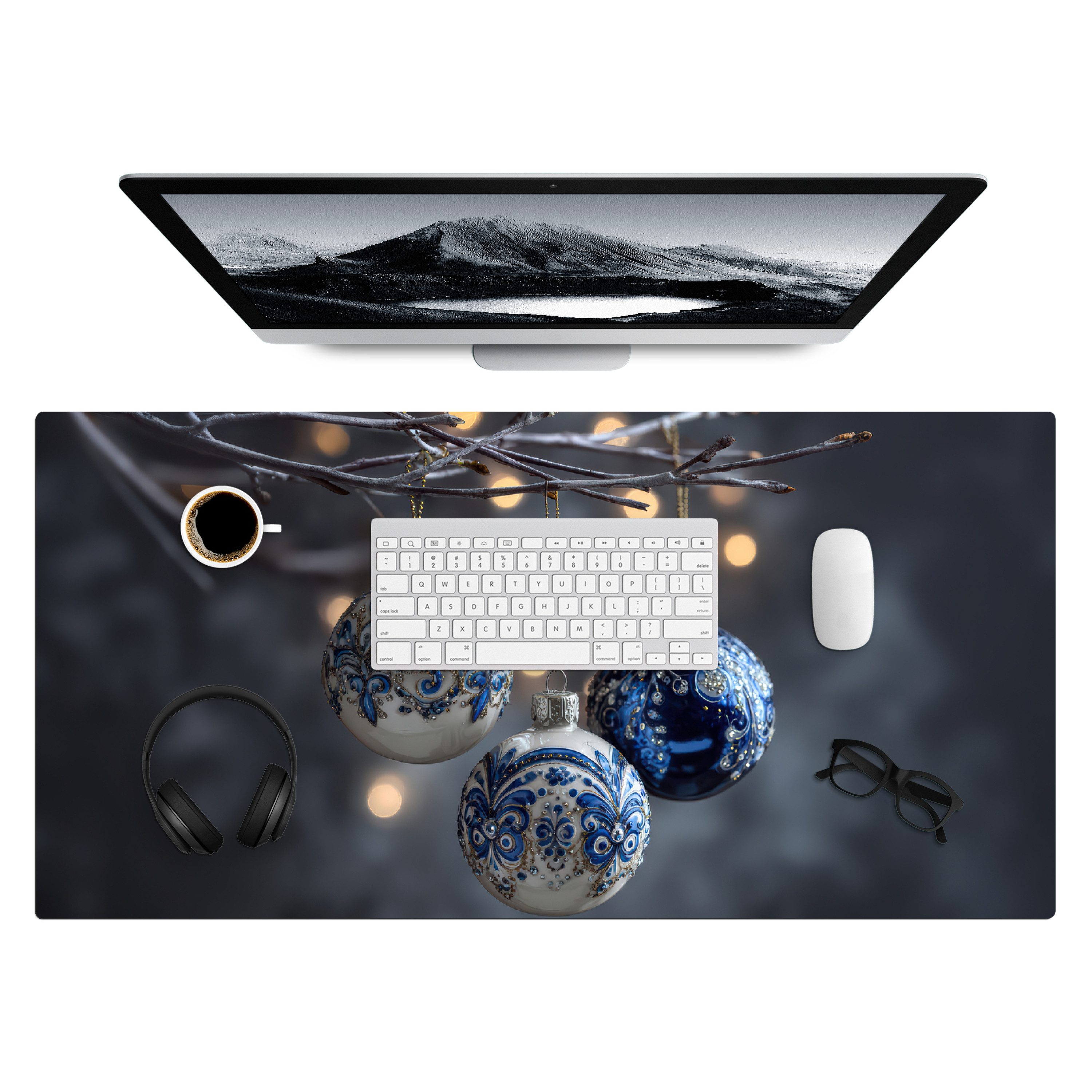 MuchoWow Gaming Mauspad Weihnachtskugel - Dekoriert - Blau (1-St), Gaming Mauspad XXL, Schreibtischunterlage, Mousepad, Deko, 90x45 cm
