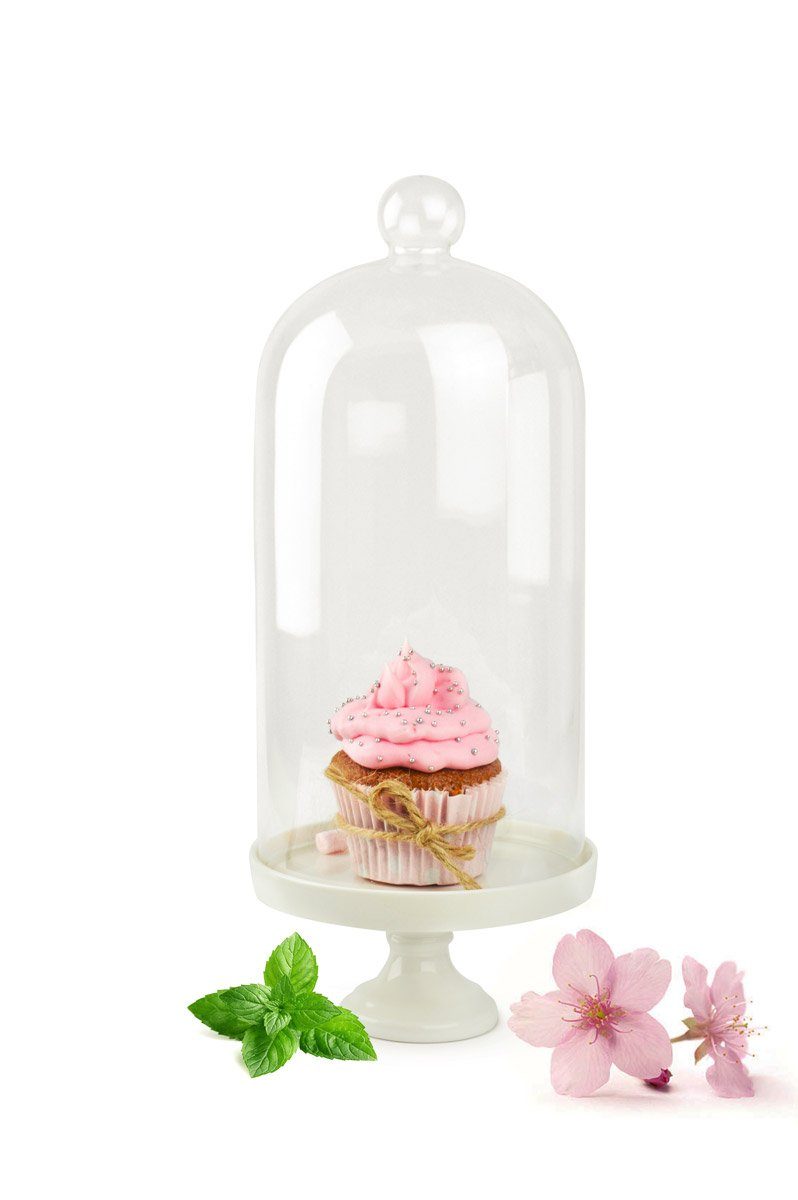 Sendez Tortenglocke Glasglocke mit Porzellanteller Dekoglocke Glassturz Glashaube 30cm,(2-tlg)