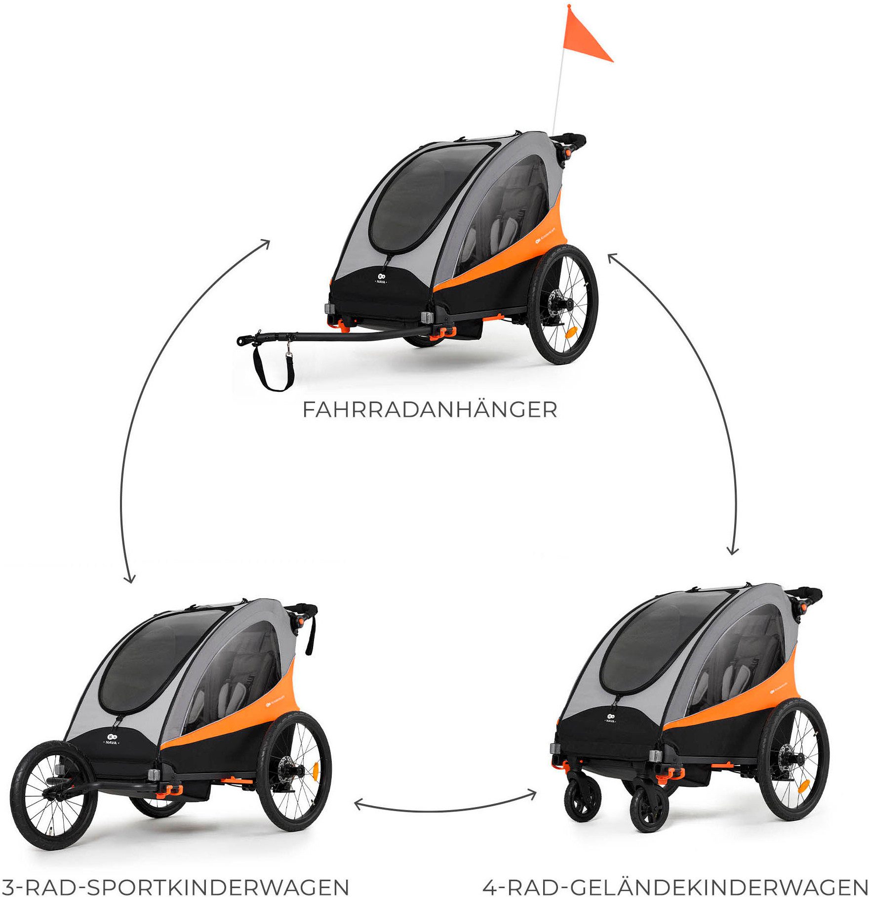 Kinderkraft Fahrradkinderanhänger NAVA, 3in1 Fahrradanhänger, Buggy & Jogger, Hand- & Fußbremse, für 2 Kinder