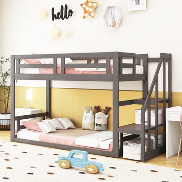 IDEASY Kinderbett Etagenbett, 90 x 200 cm, (niedriges Etagenbett mit Sicherheitsleiter), grau, Treppenaufbewahrung, Absturzsicherung