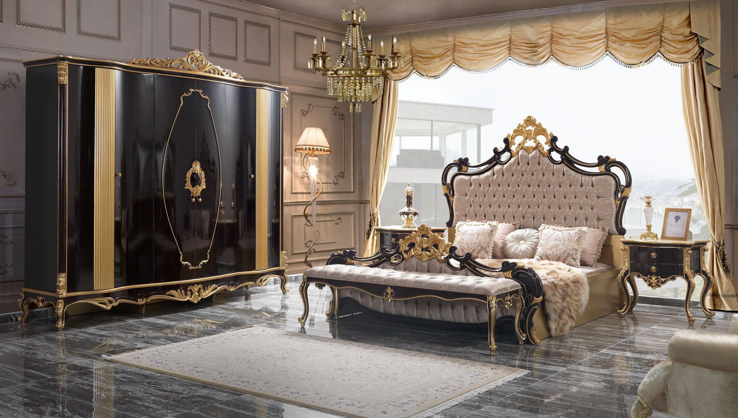 Xlmoebel Komplettschlafzimmer Chesterfield Luxus Schlafzimmer Garnitur in Schwarz mit Doppelbett, (5-tlg., Bett), Hergestellt in Europa