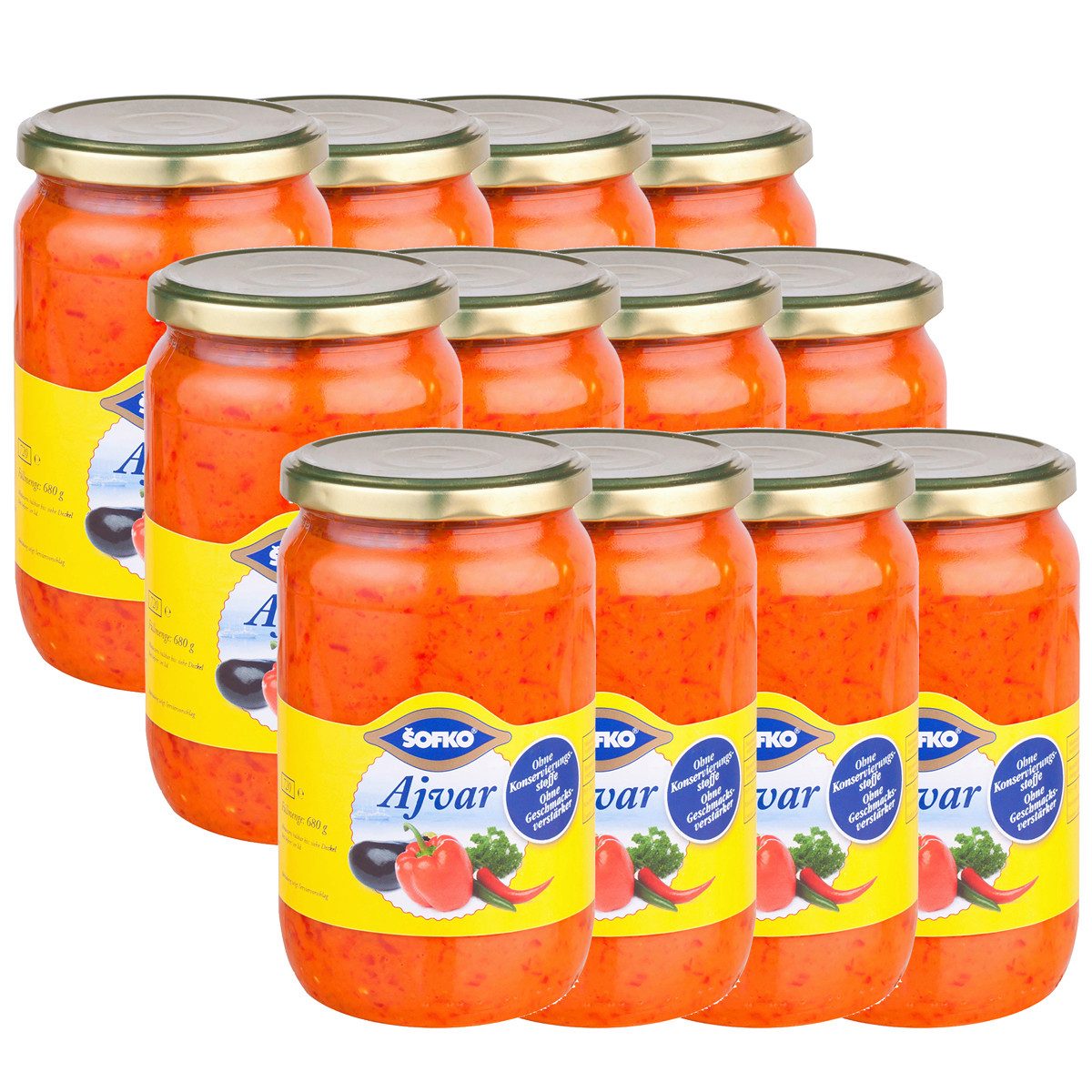 SOFKO Gemüsekonserve, Sofko Ajvar Paprika und Aubergine Gemüsezubereitung 680g 12er Pack