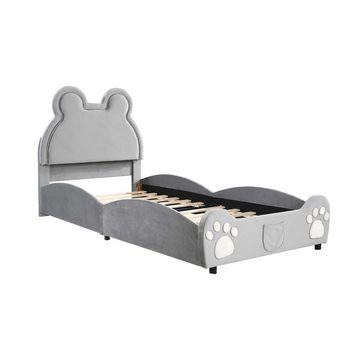 BlingBin Kinderbett Polsterbett (90 x 200 cm, grau), Bärenform, Hautfreundlicher Samtstoff, mit einer Seitentasche am Bett