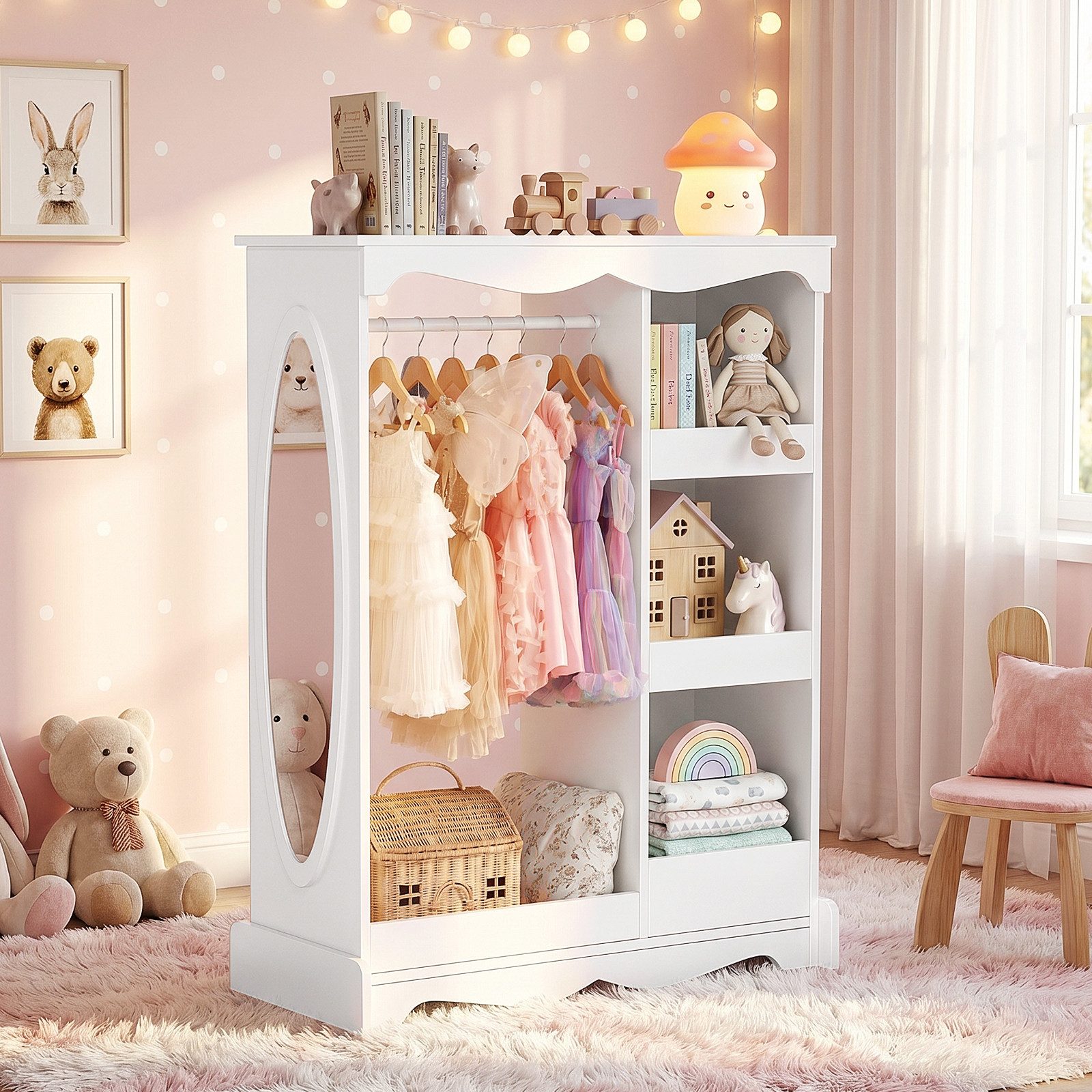 VOWNER Kinderkleiderschrank mit Spiegel, Kleiderstange und Regalen für Kinderzimmer (1-St) Kindergarderobe aus Spanplatte, 80 x 30 x 106 cm
