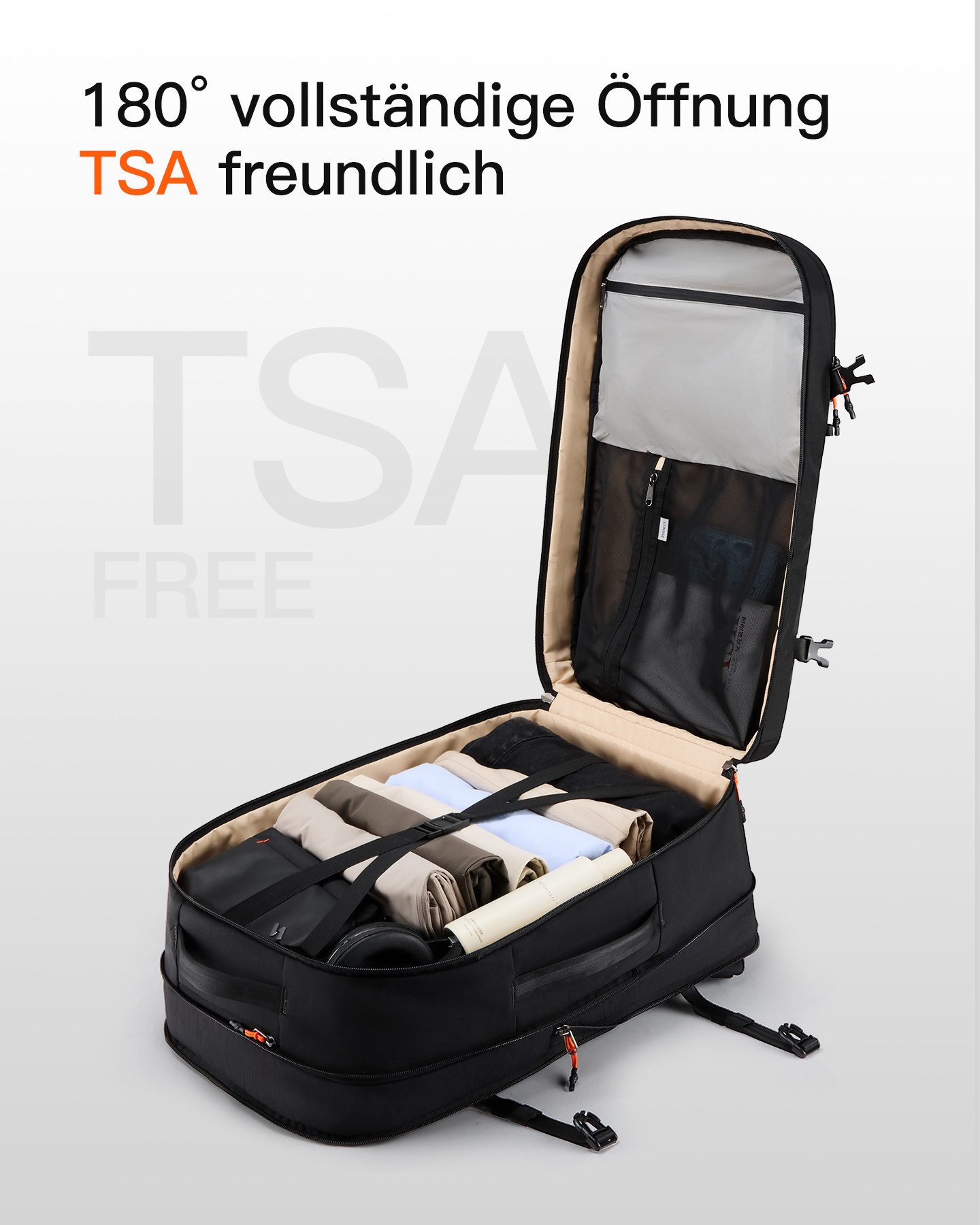 Inateck Reiserucksack Leichter 38.5-46L Lerweiterbarer Handgepäck Flugzeug Rucksack, für 16 Zoll Laptop, Spritzwassergeschützt