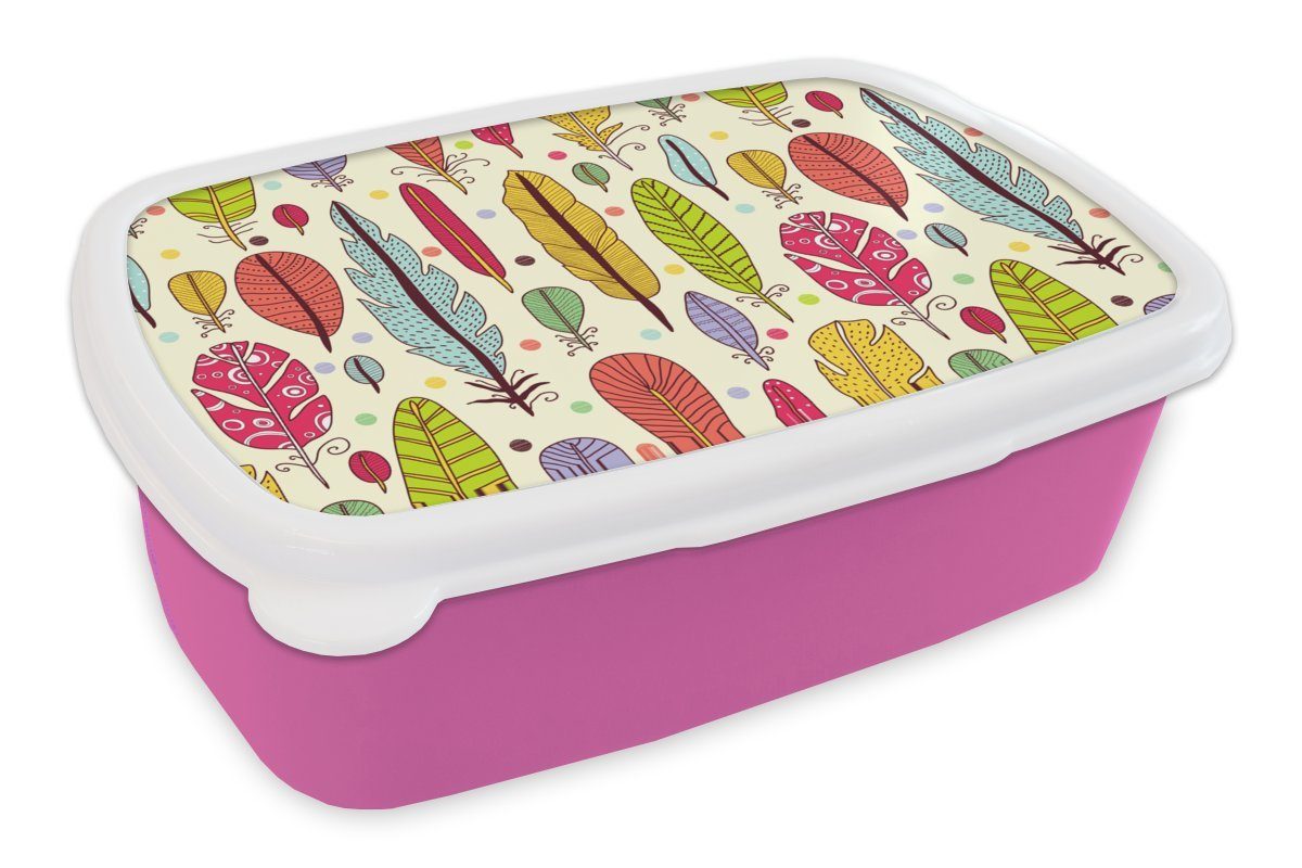 MuchoWow Lunchbox Muster - Federn - Farben - Jungen - Kinder - Kind, Kunststoff, (2-tlg), Brotbox für Erwachsene, Brotdose Kinder, Snackbox, Mädchen, Kunststoff rosa
