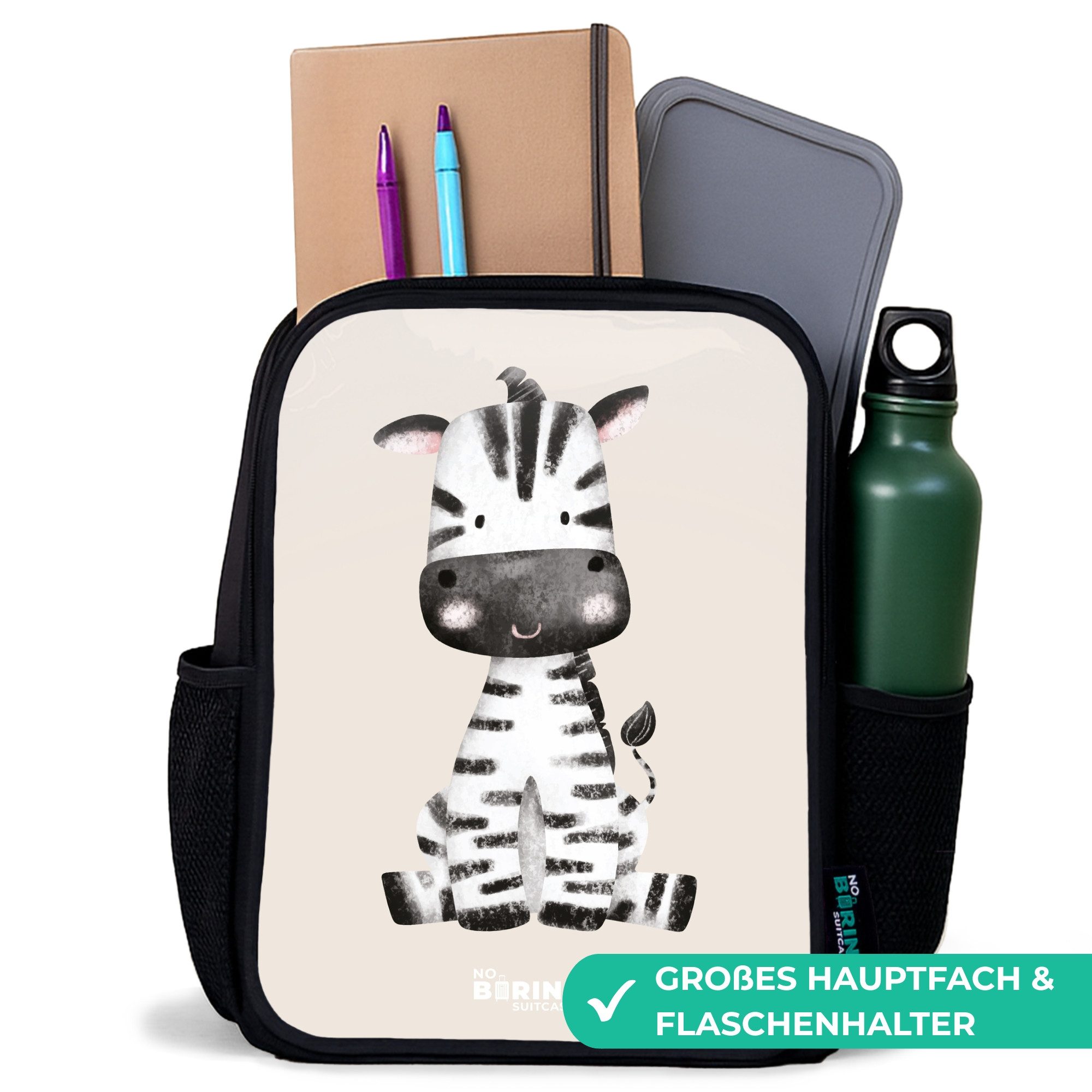 NoBoringSuitcases.com© Rucksack Zebra Portraitzeichnung mit beigem Hintergrund, Kinderrucksack Schwarz, Schulrucksack, Freizeitrucksack Jungen Mädchen