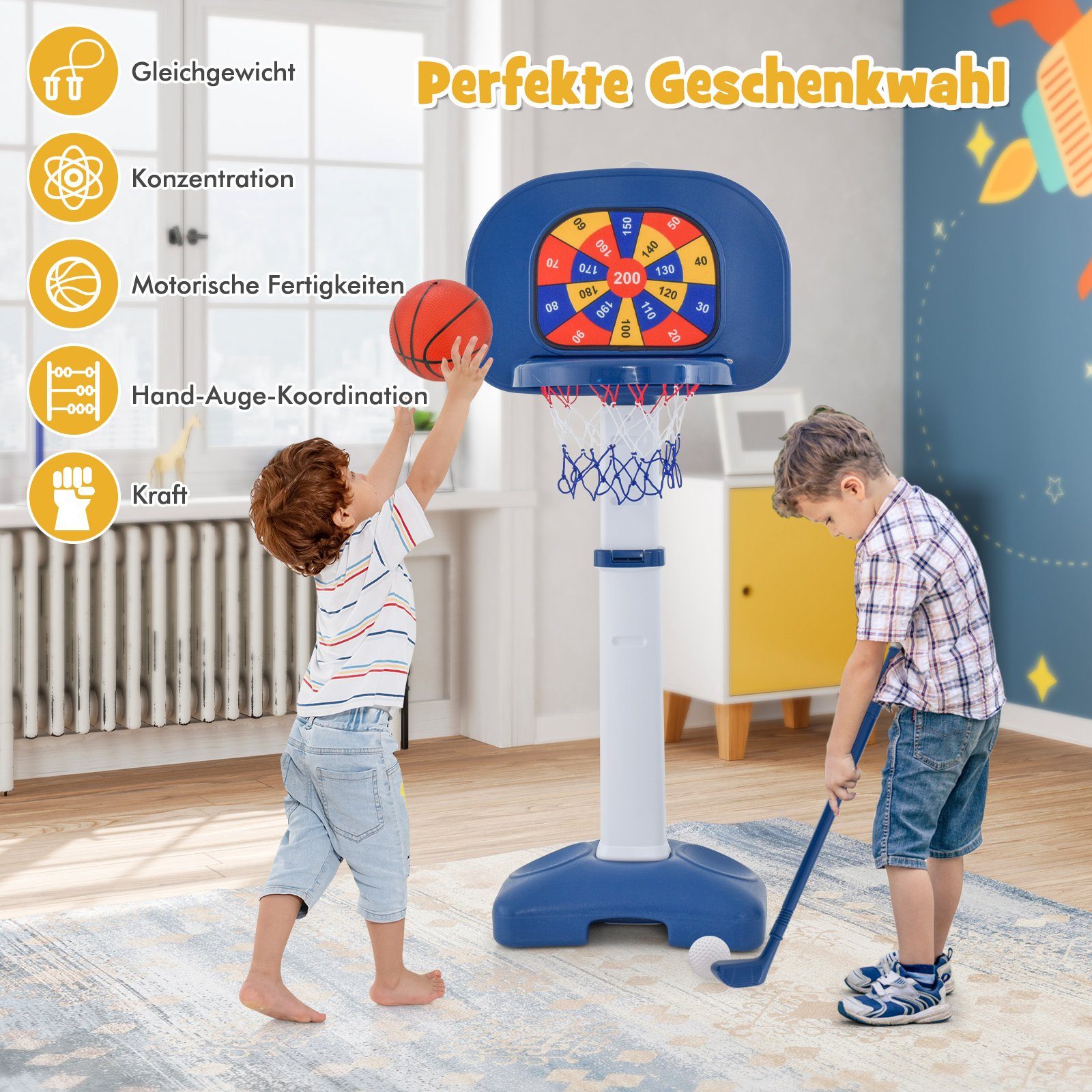 Kinder Basketballkorb 5 In 1 - Höhenverstellbar 80-118cm Mit Fußballtor & Golf | Für Indoor & Outdoor