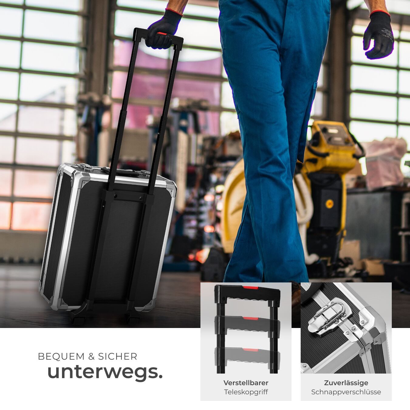 tectake Werkzeugtrolley Werkzeugkoffer, Werkzeugkasten mit Tragegriff und Teleskopgriff (Komplettset, 1200-teilig), übersichtliche Anordnung auf 4 Ebenen, verstärkte Ecken