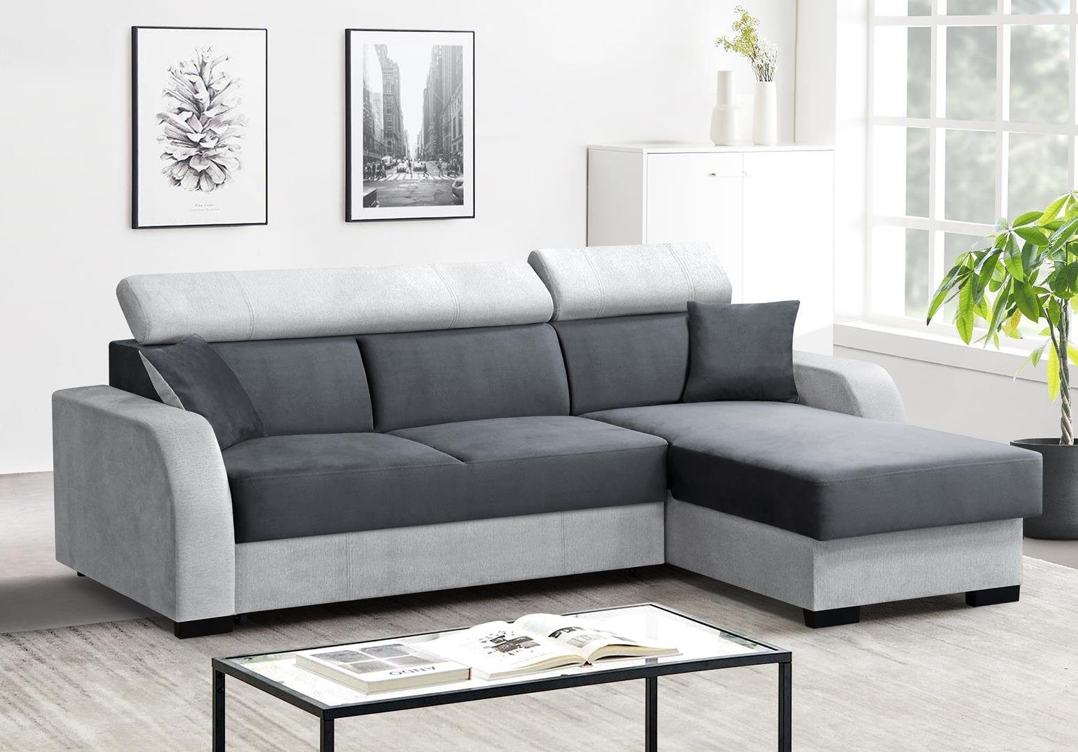 Beautysofa Ecksofa Ecksofa L-Form Ecke BUENO mit Schlaffunktion Polstersofa Wellenfedern hellgrau (monolith 97 + monolith 84)