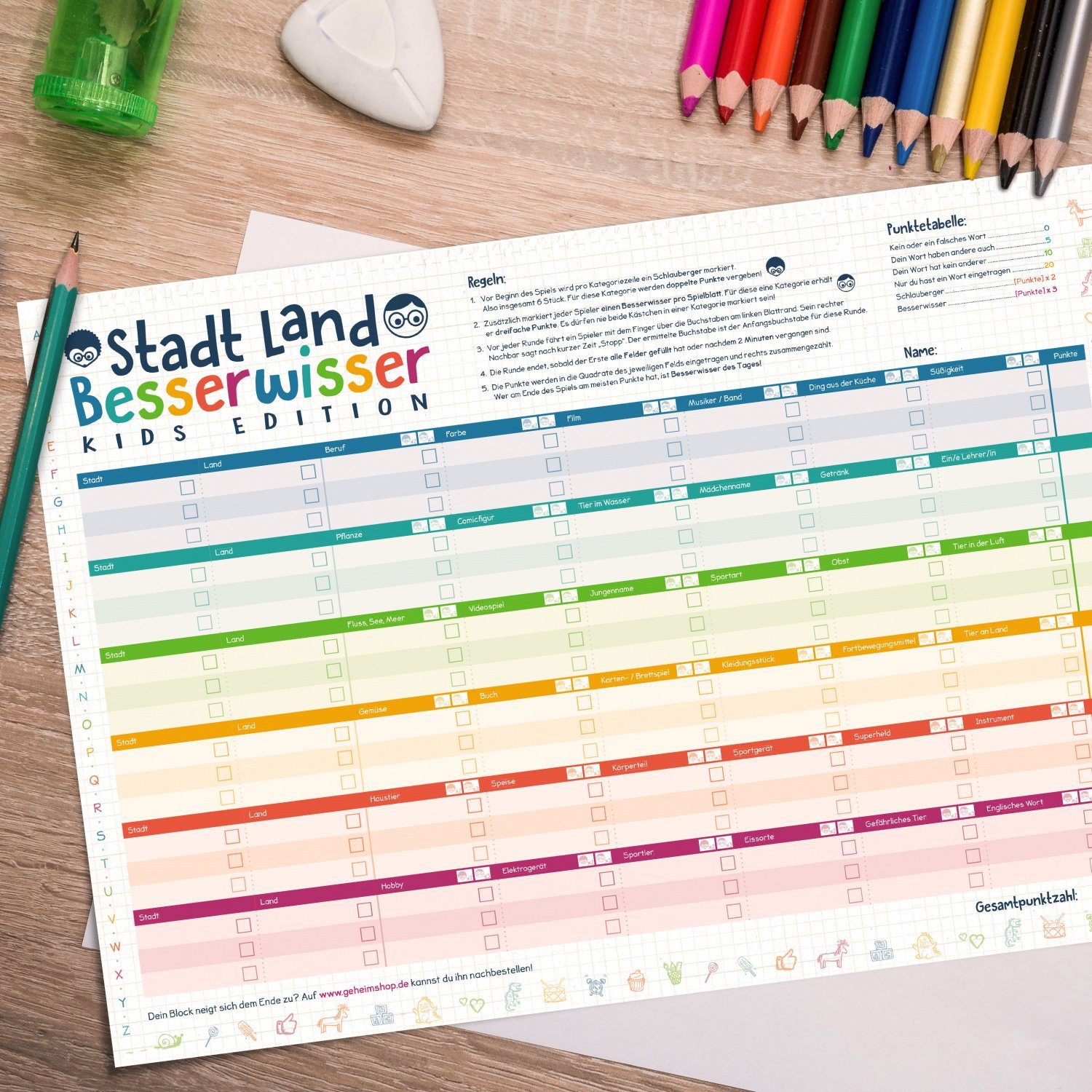 Goods+Gadgets Spiel Stadt Land Besserwisser Kids – DIN A3 Spieleblock mit 39 Kategorien, Stadt, Land, Besserwisser Kids, XXL Neuauflage mit 38 Kategorien