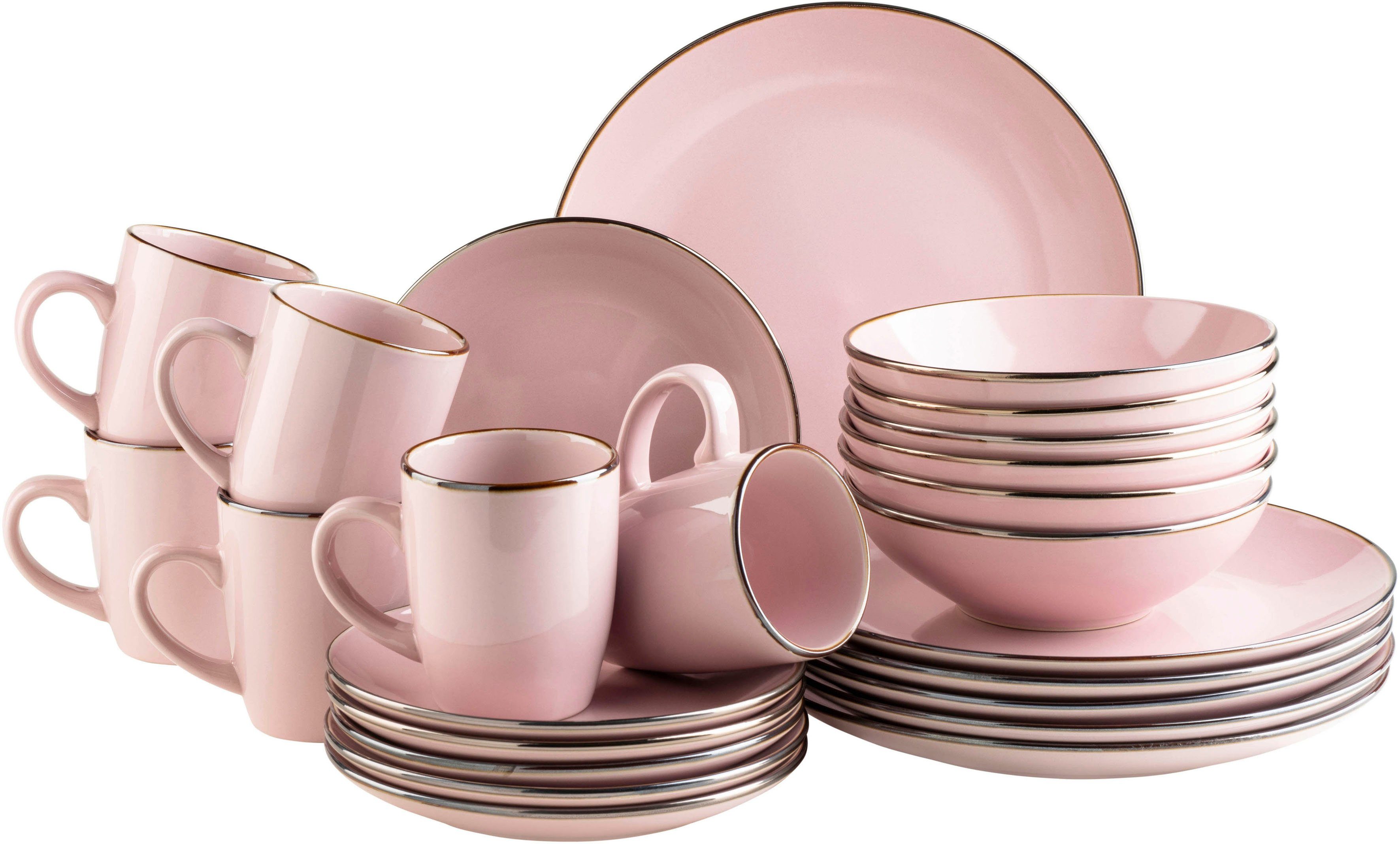 MÄSER Комбинированное обслуживание Geschirr-Set, Service Metallic Rim (24-tlg), 6 Personen, Steinzeug, messingfarben schimernden Umrandung, 24 Teile, für 6 Personen