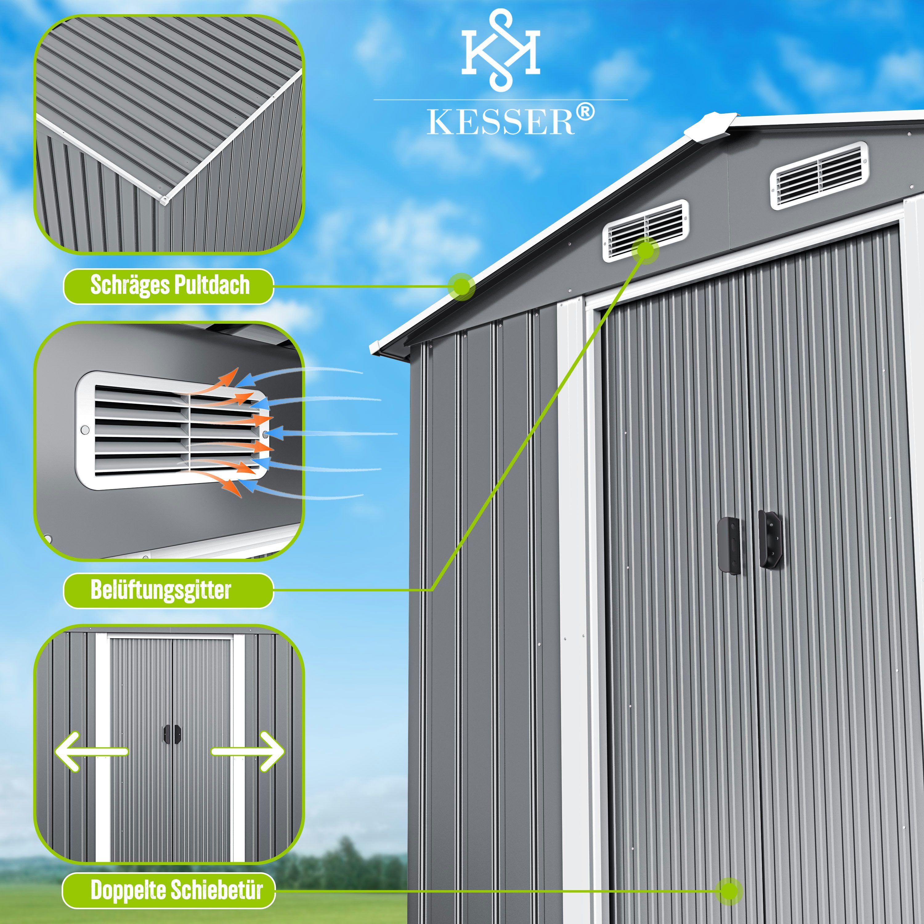 KESSER Gartenhaus, BxT: 131x131 cm, XL Metall Gerätehaus 4,2m³ mit Fundament 195x131x186cm