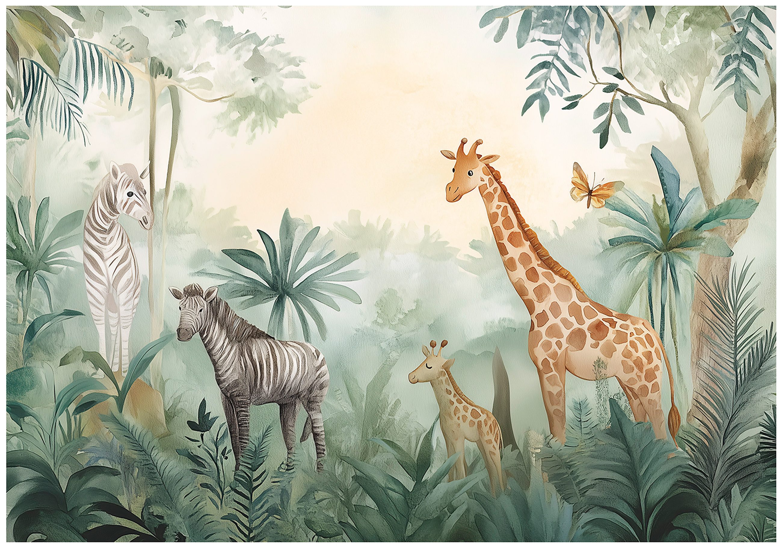 Wallarena Fototapete Kinderzimmer Tiere Natur Grün Vlies Tapete Wandtapete, Glatt Vlies Washable, Dschungel, Tiere, Natur, Grün, (Packung, 8 St., Vlies Fototapete), Vliestapete Tiere Grün Kinderzimmer Tapete + Kleister Motivtapete