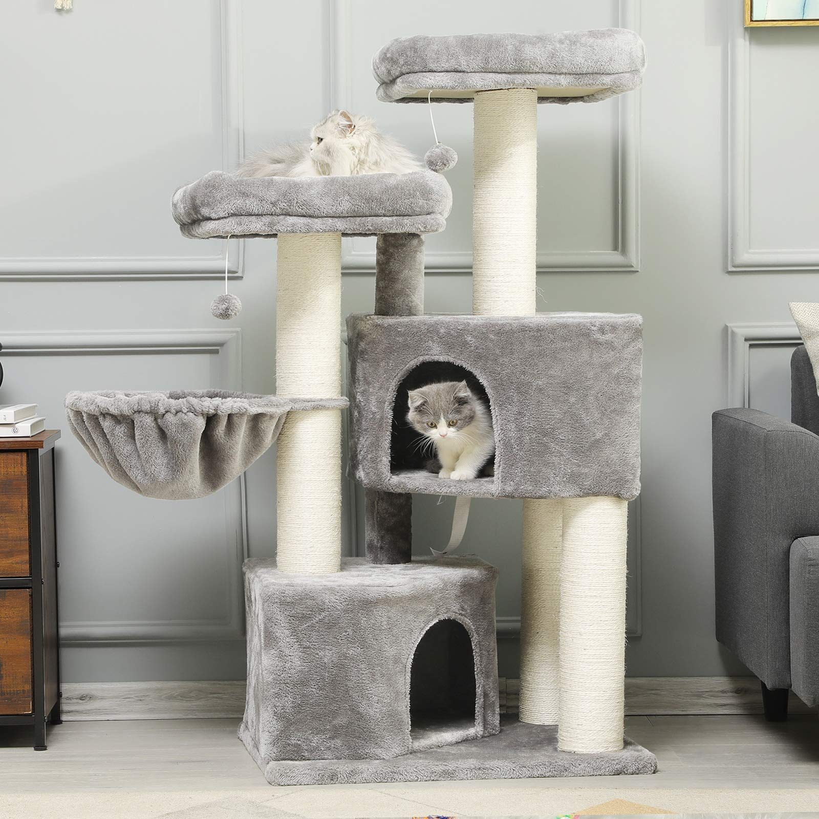 MSMASK Kratzbaum groß für Katzen stabil mit Sisal-Kratzstangen, 2 Aussichtsplattform