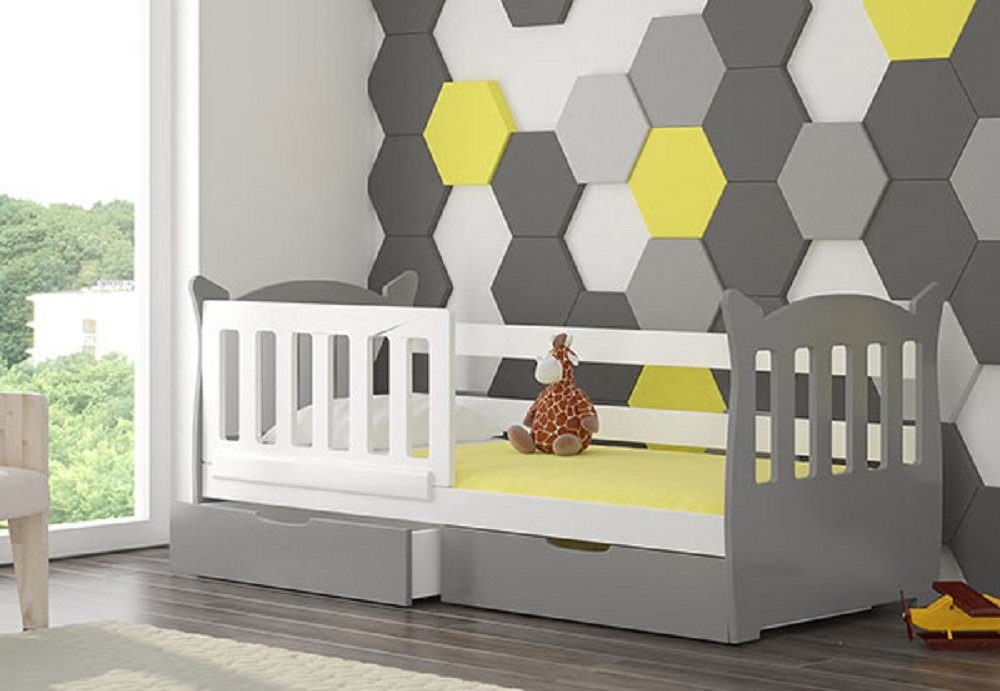 Feldmann-Wohnen Kinderbett LENA (mit 2 Schubladen), Farbe wählbar Kiefer weiß / Absetzungen: grau