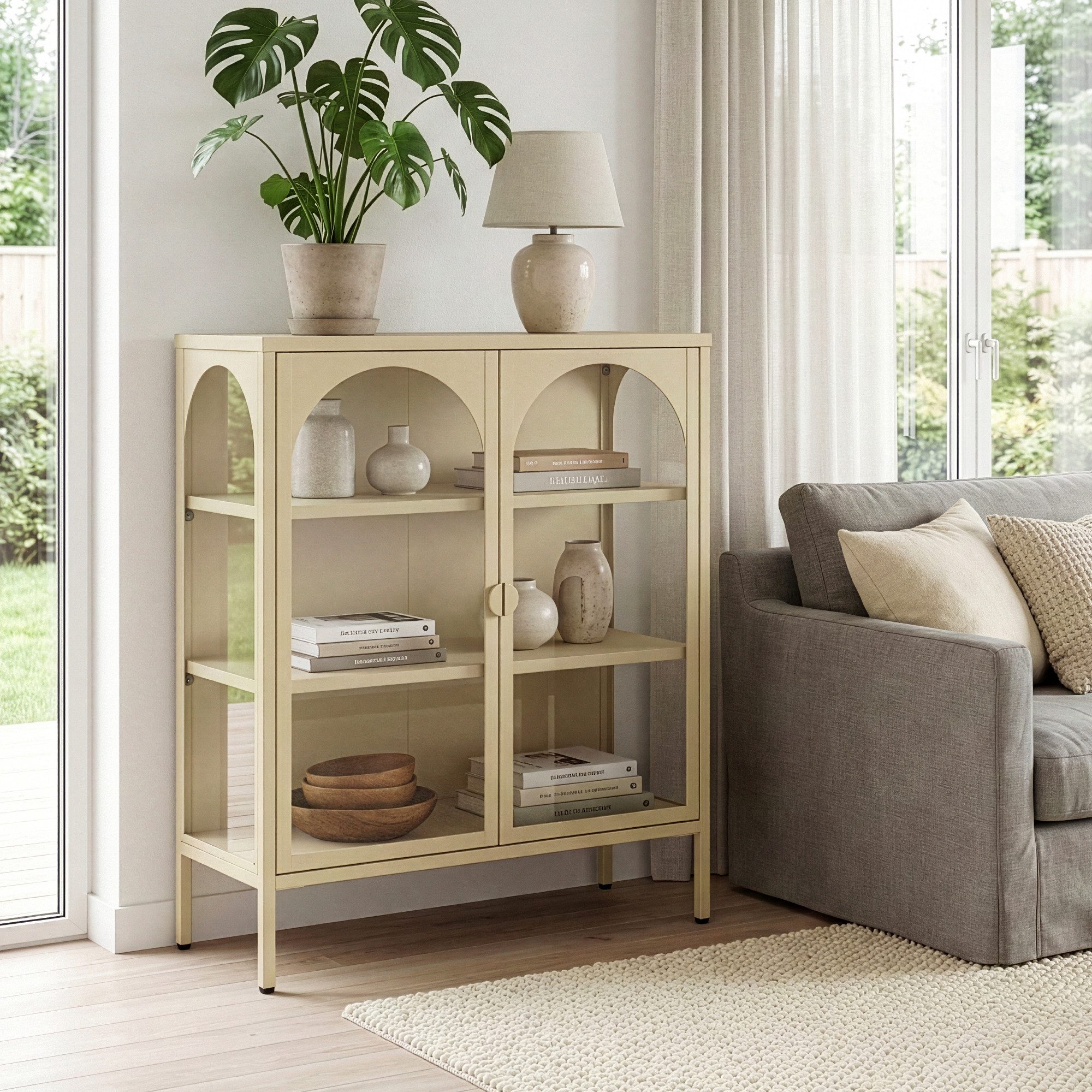 en.casa Standvitrine »Klippestad« mit 2 Türen Stahl 95 x 80 x 35 cm Kamelfarben