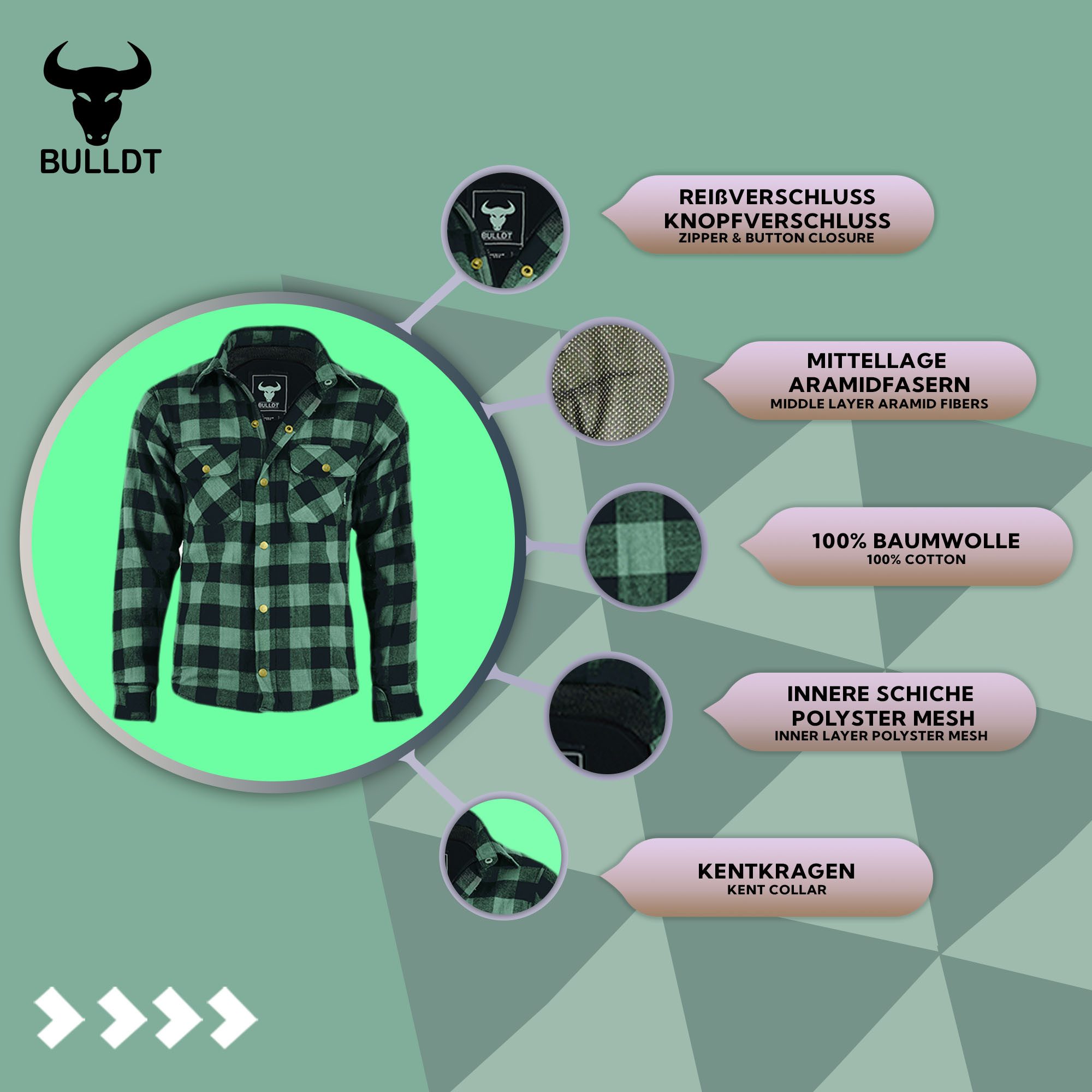 BULLDT Motorradjacke BLD1201 (mit 4 CE-Protektoren) BULLDT Herren Motorradhemd Holzfäller-Look Hemd