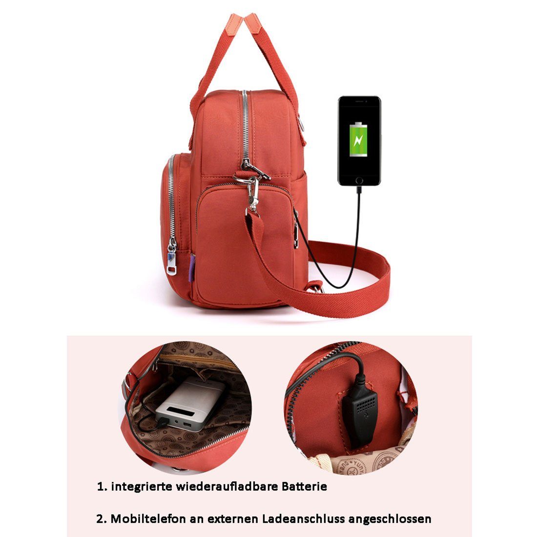 Rot Mehrzweck-Umhängetasche Reisen für DÖRÖY Frauen, USB-Lade-Rucksack für Cityrucksack