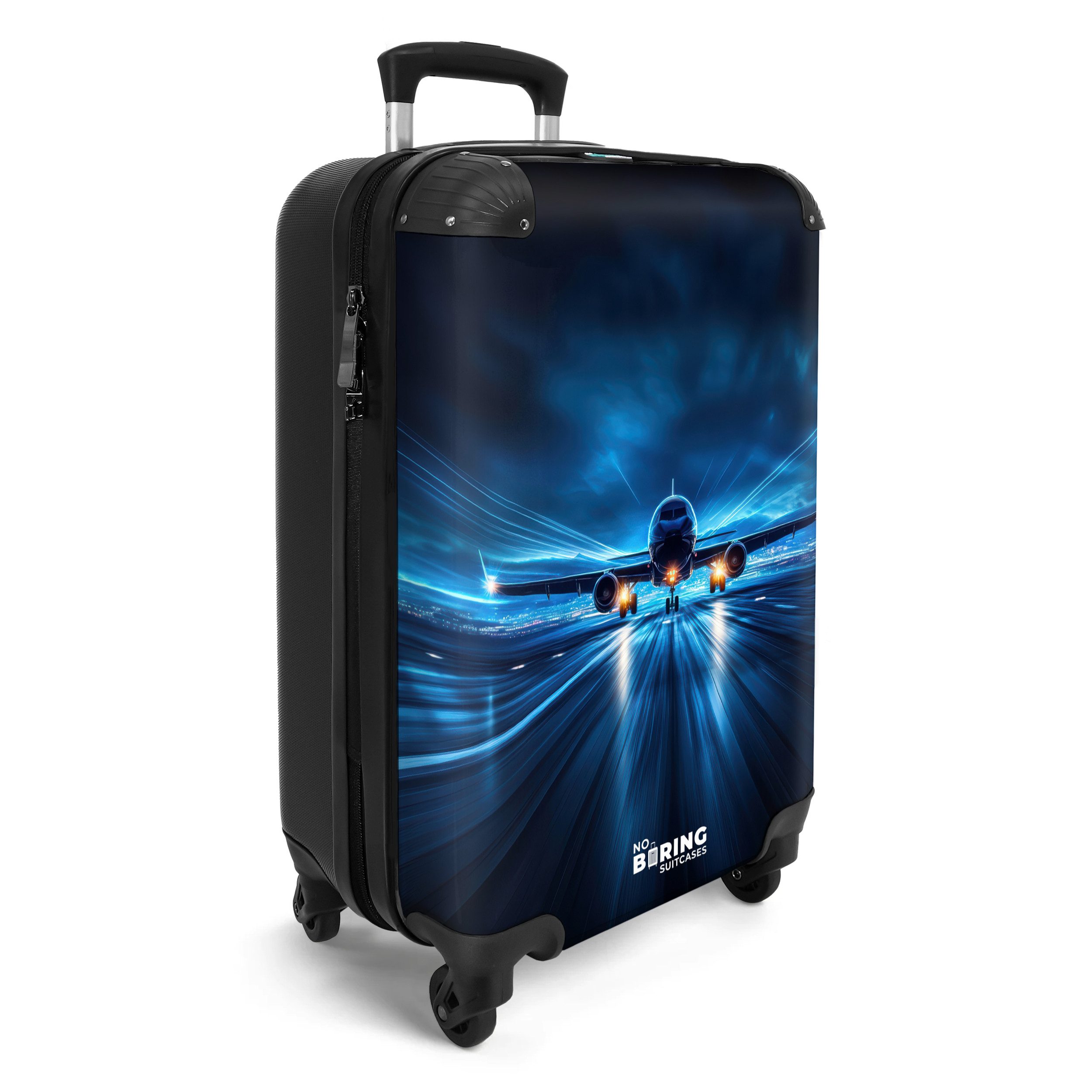 NoBoringSuitcases.com© Kinderkoffer Ein Flugzeug hebt in einer futuristischen Nachtlandschaft ab 55x35x20c, 4 Rollen, Handgepäck Koffer, Hartschalenkoffer Kinder, Reisekoffer Jungen