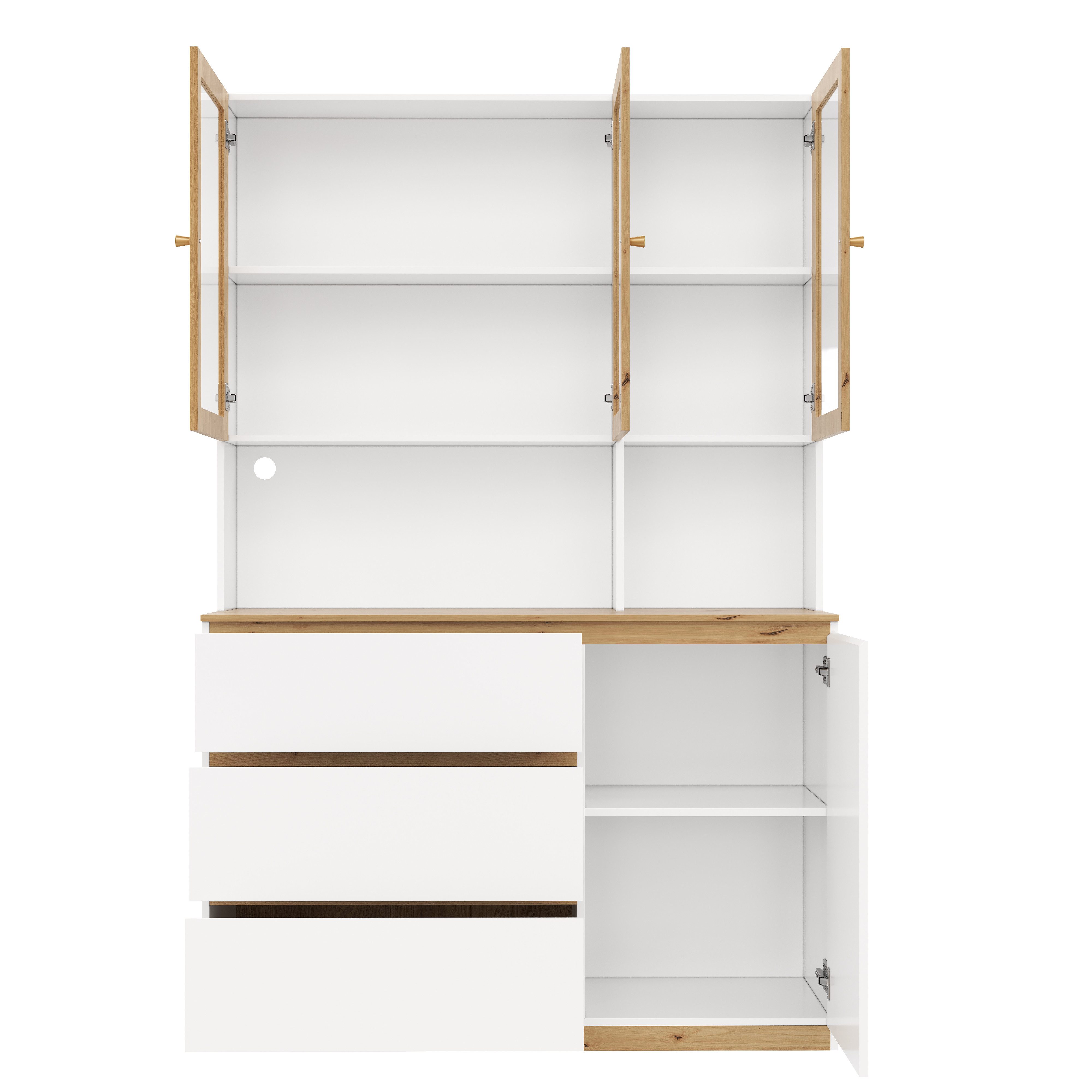 Flieks Küchenbuffet Hochschrank mit Arbeitsplatte in Holzoptik und LED-Beleuchtung (1-St., B120/T40/H200 cm) Glasvitrine Mehrzweckschrank mit Glastüren und Schubladen Weiß