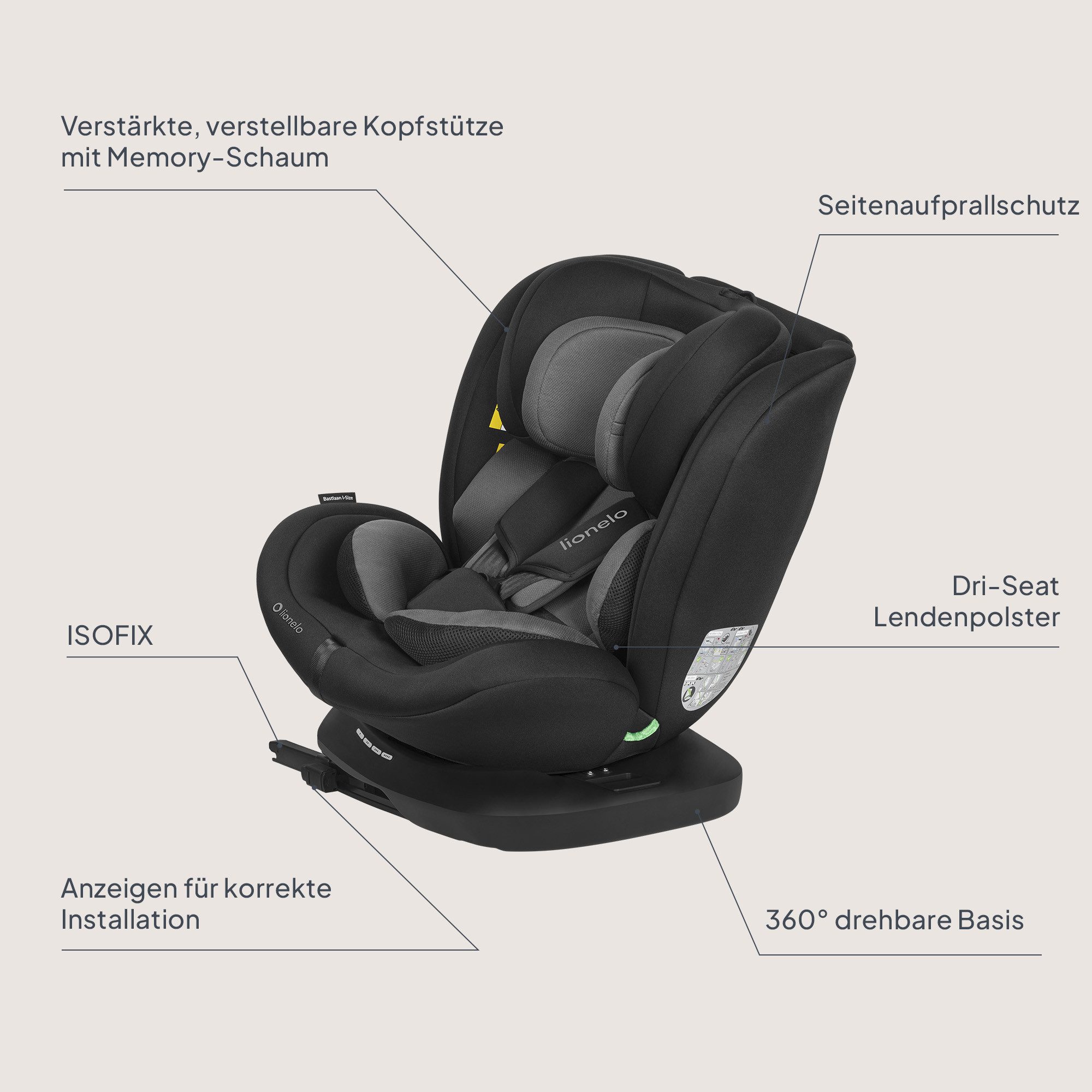 lionelo Autokindersitz BASTIAAN I-SIZE, ab: ab Geburt, bis: bis 12 Jahre, ab: 40,00 cm, bis: 150,00 cm, (Set), i-Size / 0-36 kg / Isofix + Top Tether