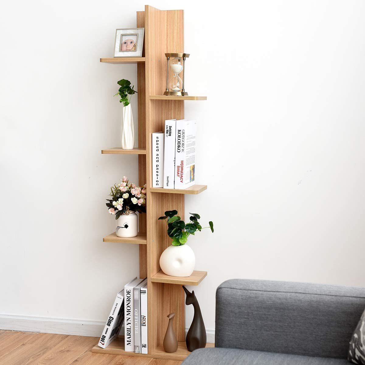COSTWAY Bücherregal Standregal Baumform, mit 7 Ablagen, 141,5 cm Natur